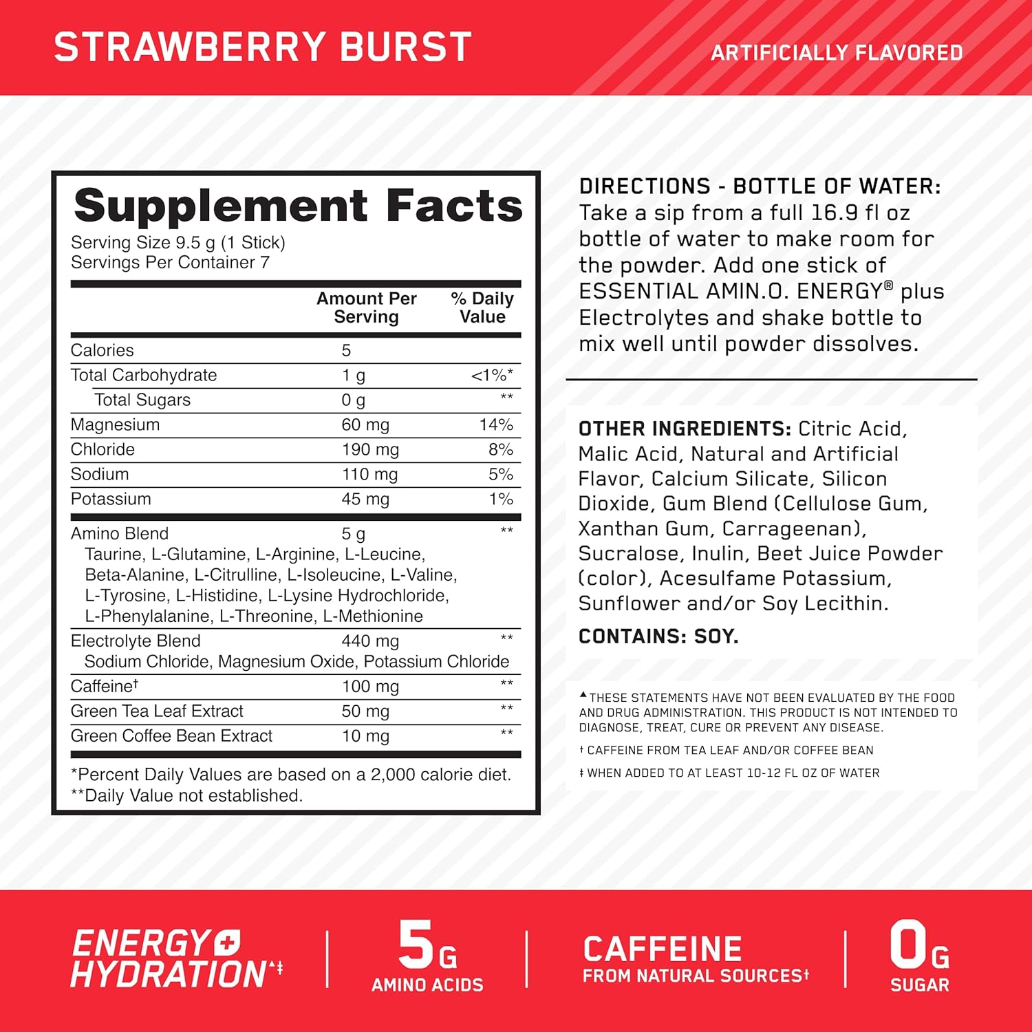 Optimum Nutrition Strawberry Burst Amino Energy + Electrolytes Stick Packs, 7 Count