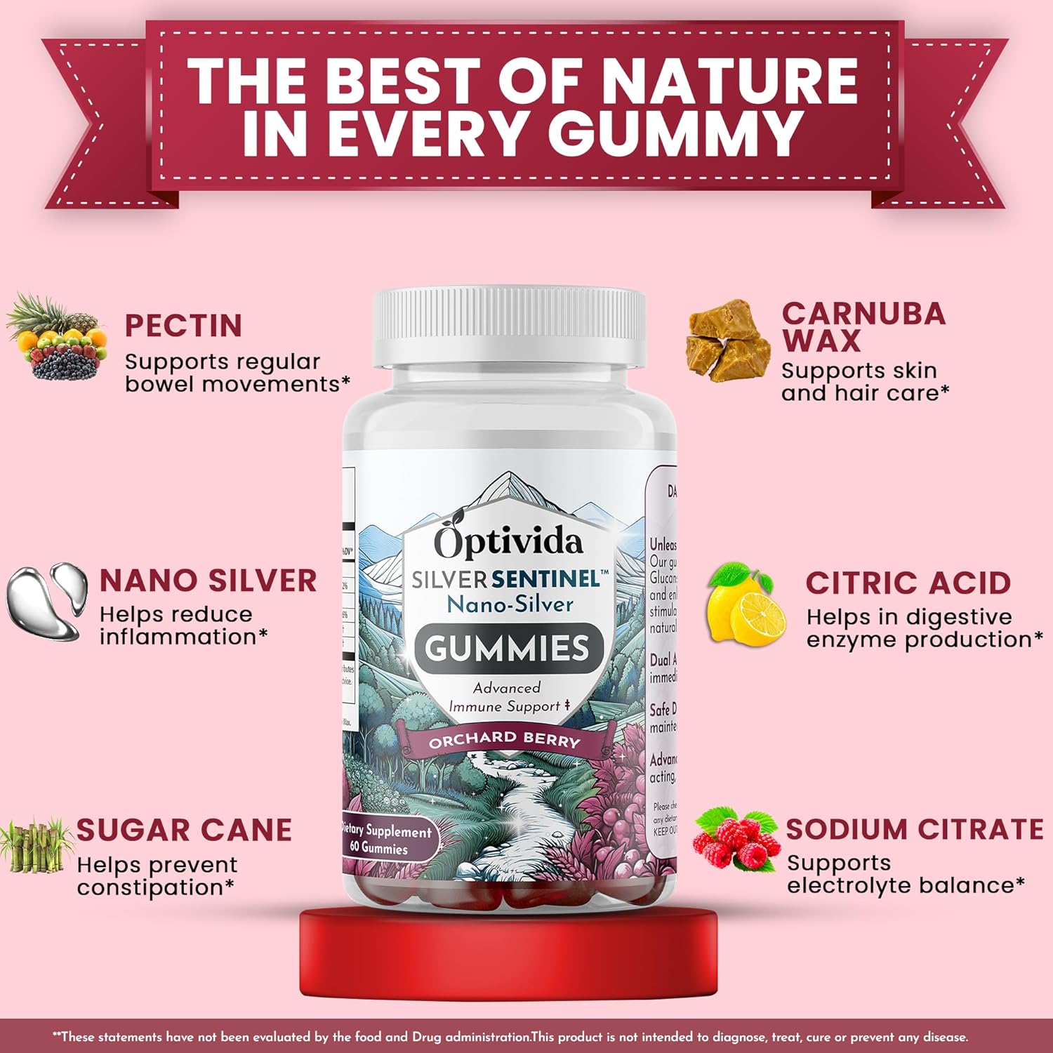 Optivida Nano Silver Immune Support Gummies - 60 Count with Beta Glucan for Daily Immune Health - Orchard Berry Flavor - Colloidal Silver Supplement with Beta Glucan 100