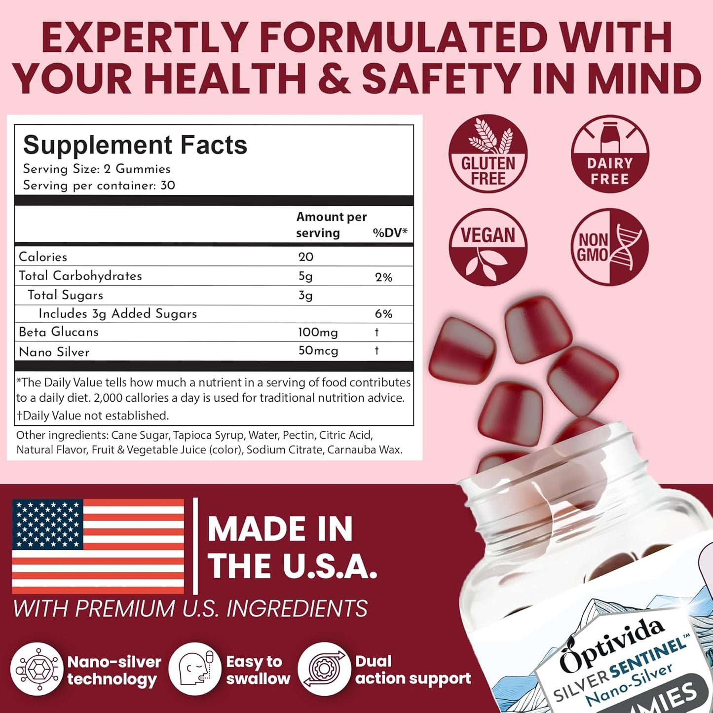 Optivida Nano Silver Immune Support Gummies - 60 Count with Beta Glucan for Daily Immune Health - Orchard Berry Flavor - Colloidal Silver Supplement with Beta Glucan 100