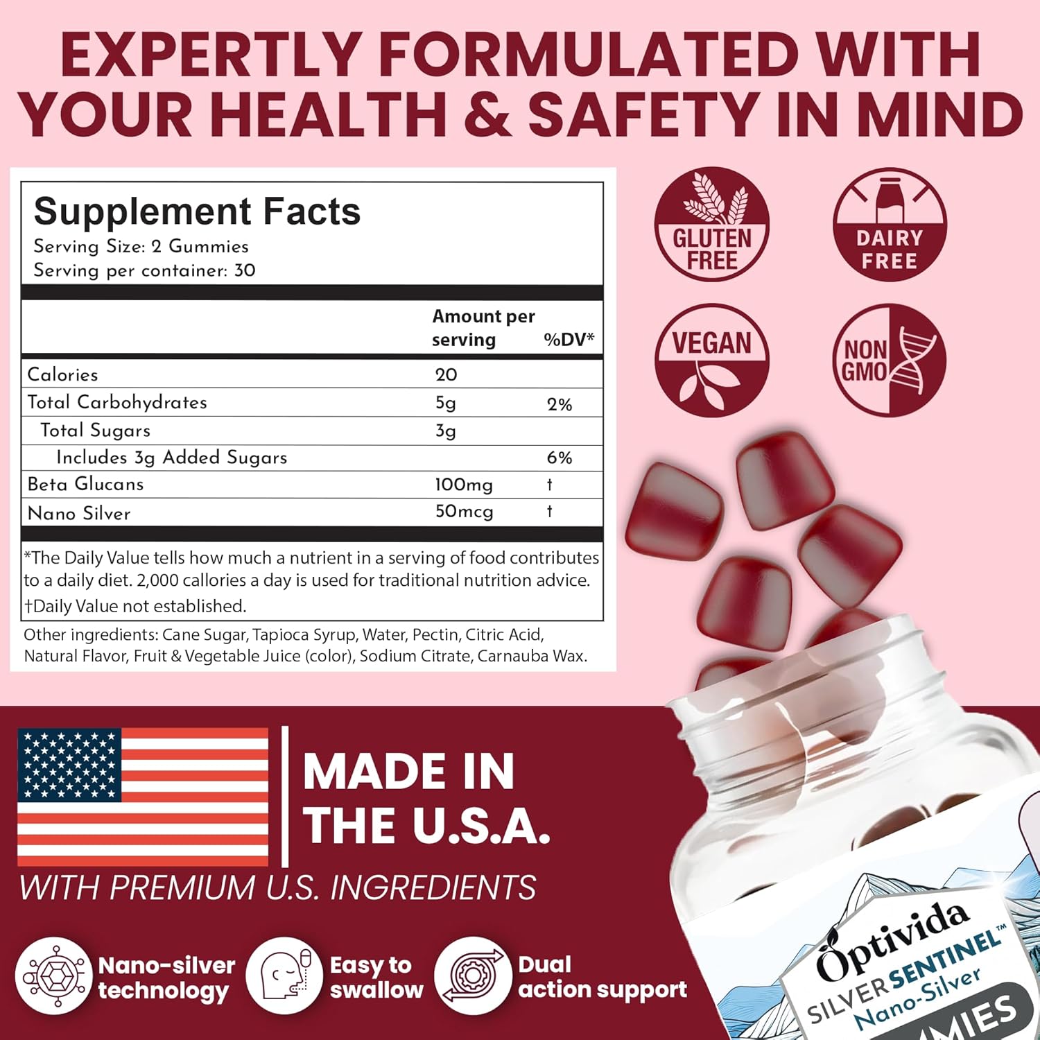 Optivida Nano Silver Immune Support Gummies - 60 Count with Beta Glucan for Daily Immune Health - Orchard Berry Flavor - Colloidal Silver Supplement with Beta Glucan 100