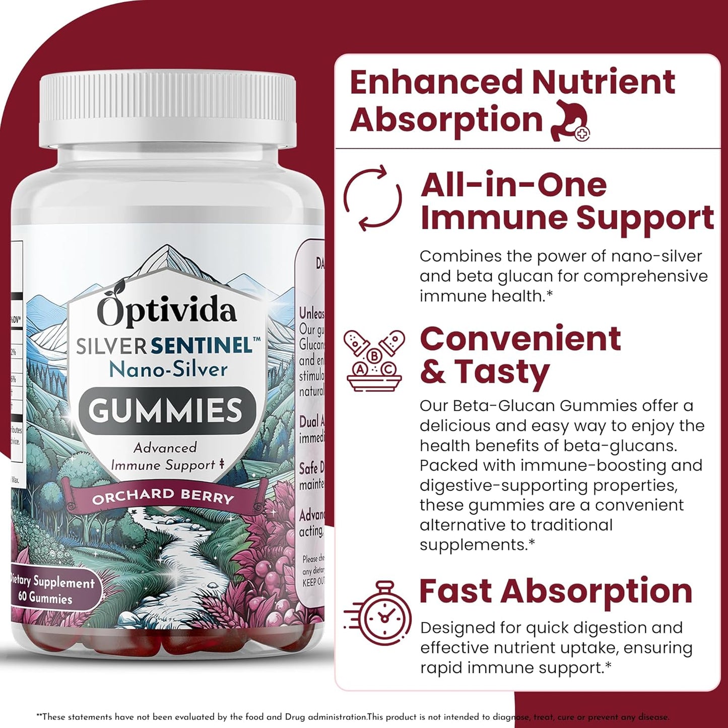 Optivida Nano Silver Immune Support Gummies - 60 Count with Beta Glucan for Daily Immune Health - Orchard Berry Flavor - Colloidal Silver Supplement with Beta Glucan 100