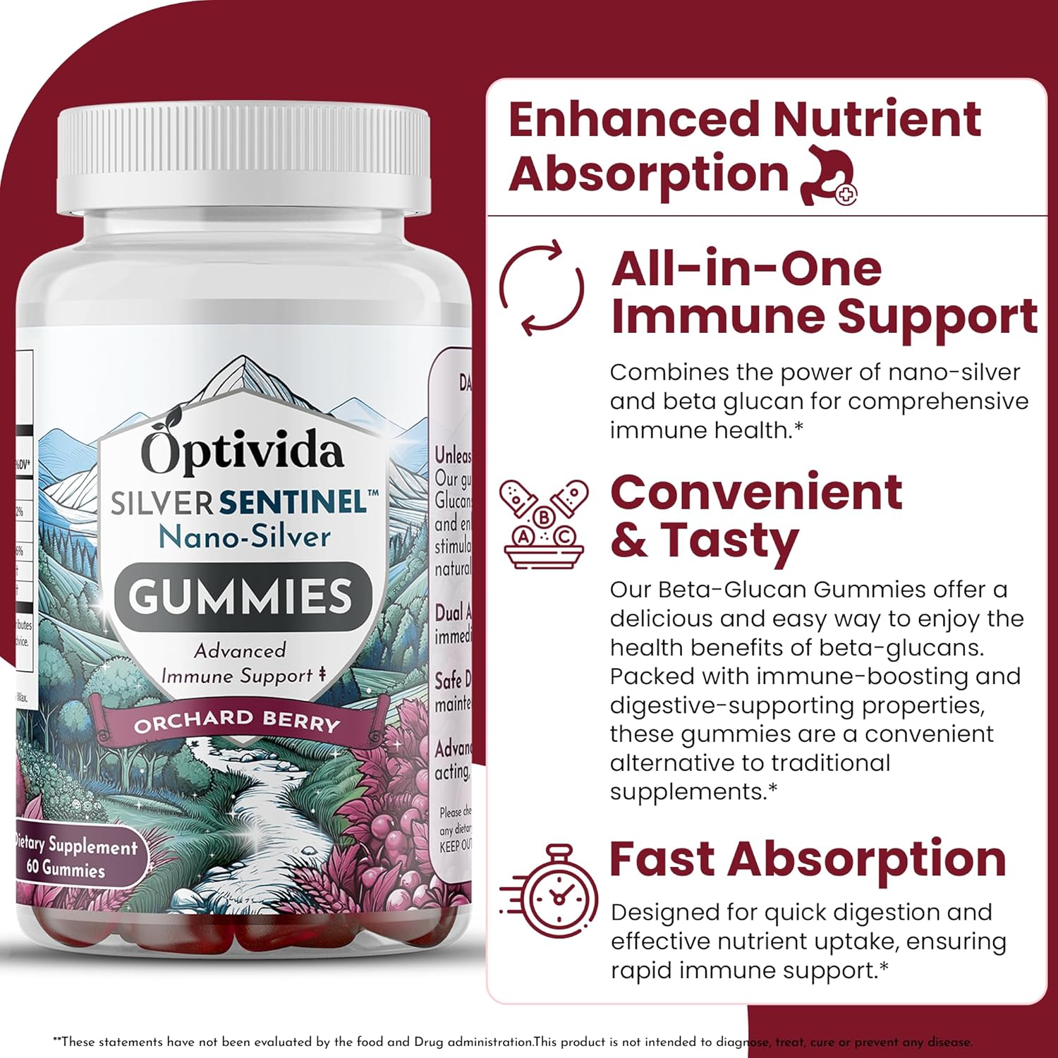 Optivida Nano Silver Immune Support Gummies - 60 Count with Beta Glucan for Daily Immune Health - Orchard Berry Flavor - Colloidal Silver Supplement with Beta Glucan 100