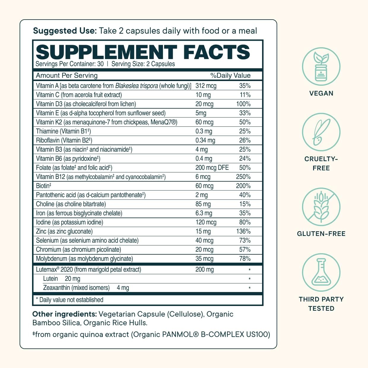 Ora Organic Plant-Based Multivitamin with Bluelight Protection for Women and Men - Supports Brain, Eye, Energy, Immune System, Skin, Hair, Heart, and Bone Health - 60 Vegan Capsules