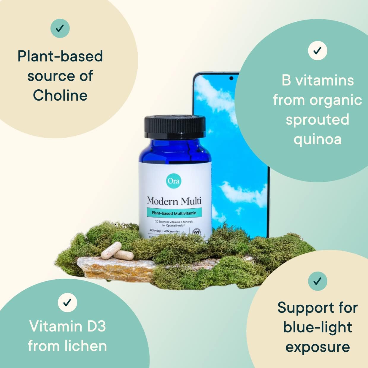 Ora Organic Plant-Based Multivitamin with Bluelight Protection for Women and Men - Supports Brain, Eye, Energy, Immune System, Skin, Hair, Heart, and Bone Health - 60 Vegan Capsules