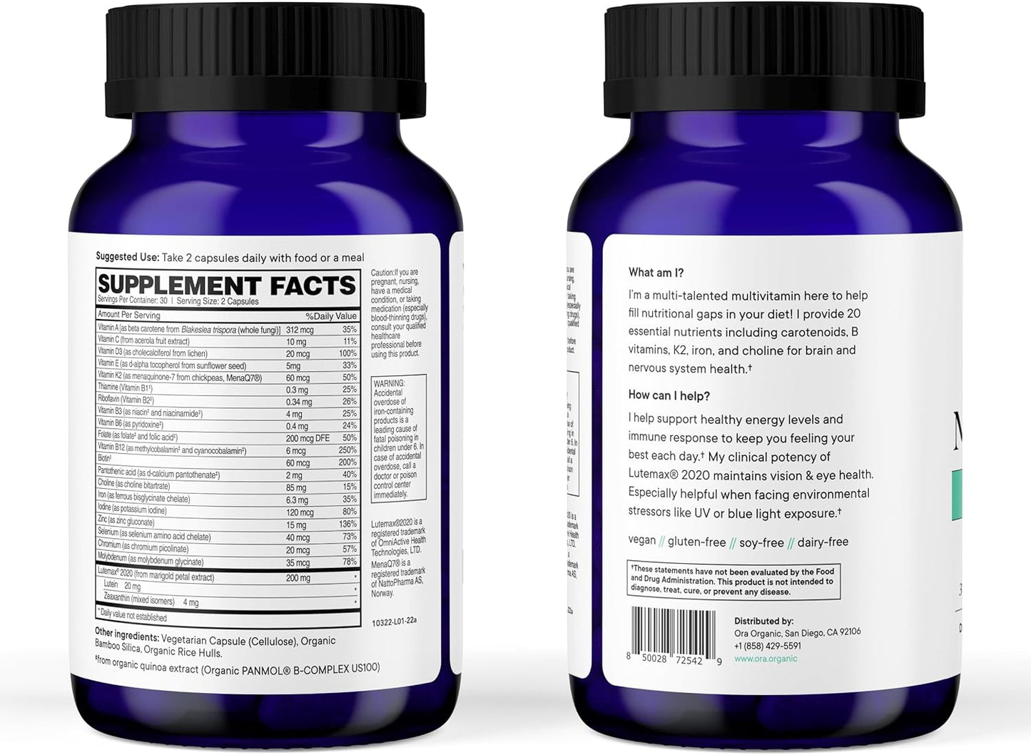 Ora Organic Plant-Based Multivitamin with Bluelight Protection for Women and Men - Supports Brain, Eye, Energy, Immune System, Skin, Hair, Heart, and Bone Health - 60 Vegan Capsules