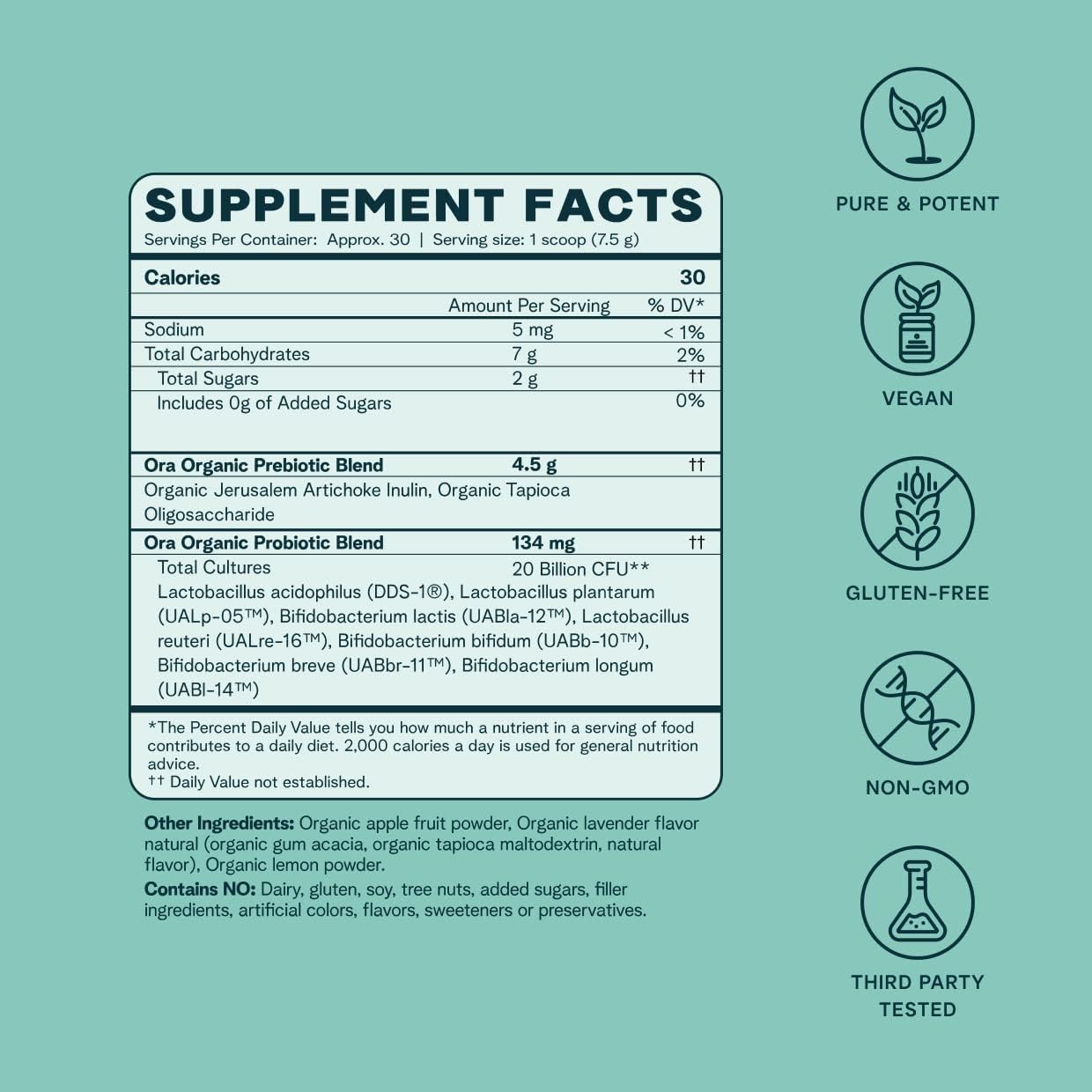 Ora Organic Prebiotic and Probiotic Powder Supplement - 20 Billion Probiotics, 7 Strains - Non-GMO, Lavender Lemonade Flavor - 30 Servings for Women, Men, & Kids - BoostGo Australia
