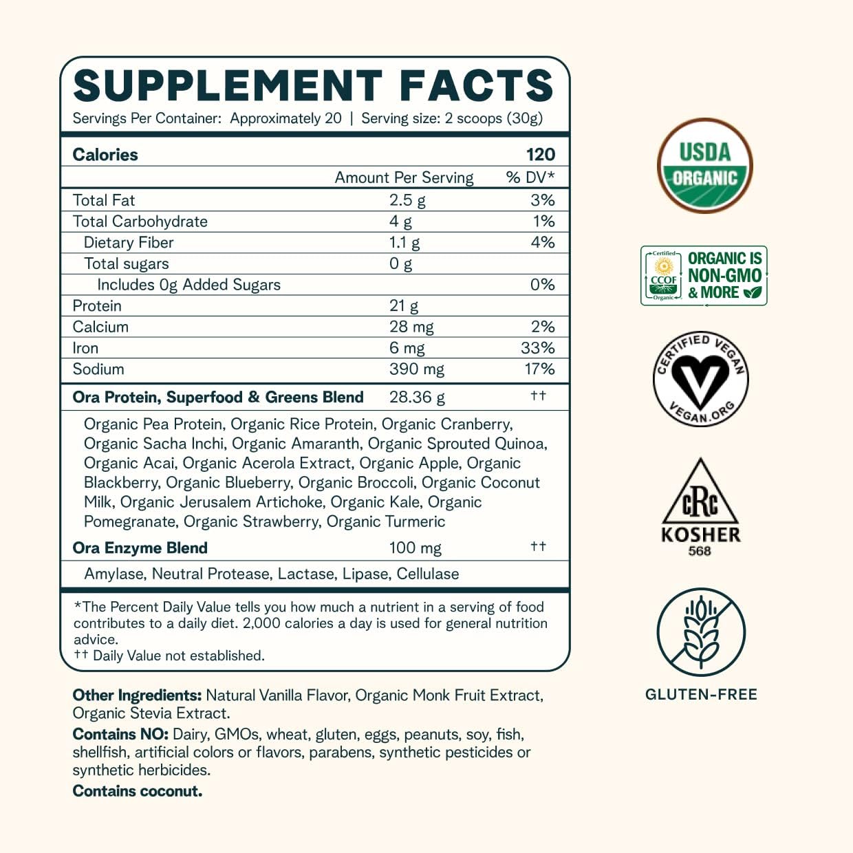 Ora Organic Protein Powder Bundle: 21g Plant Based Vanilla, Vanilla Chai, Chocolate - 20 Servings each