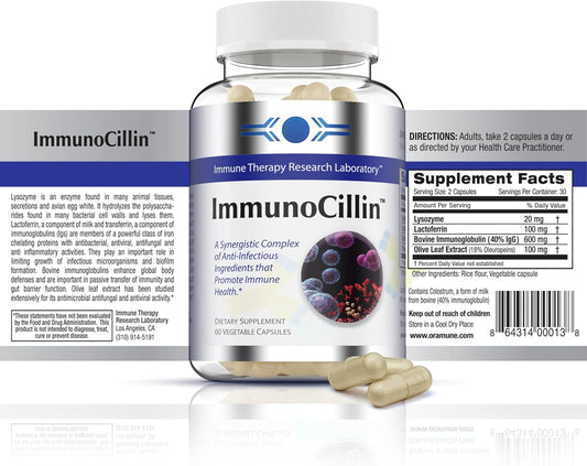 Oramune ImmunoCillin 60 Capsules - All-Natural Supplement for Immune Health with Lysozyme, Lactoferrin, Bovine Immunoglobulin & Olive Leaf Extract