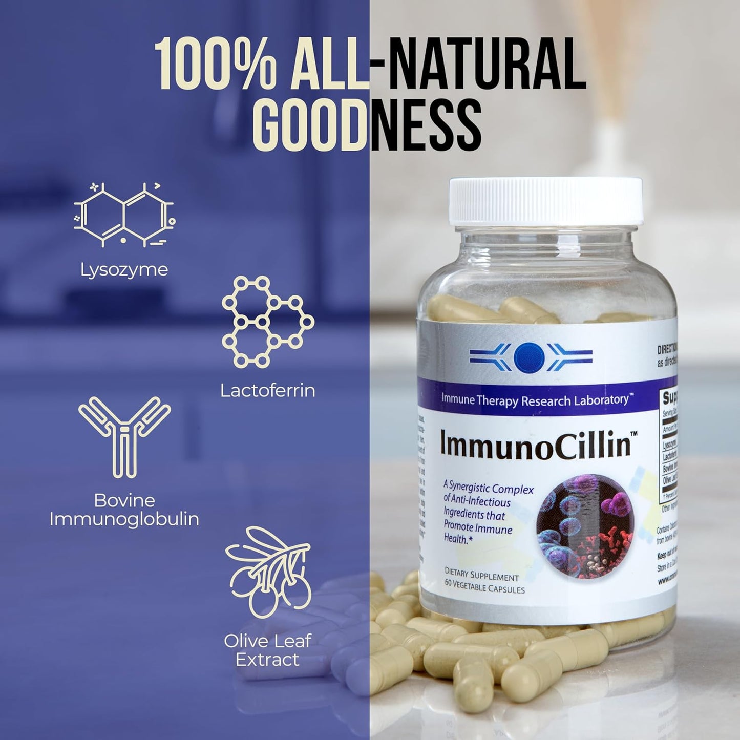Oramune ImmunoCillin 60 Capsules - All-Natural Supplement for Immune Health with Lysozyme, Lactoferrin, Bovine Immunoglobulin & Olive Leaf Extract