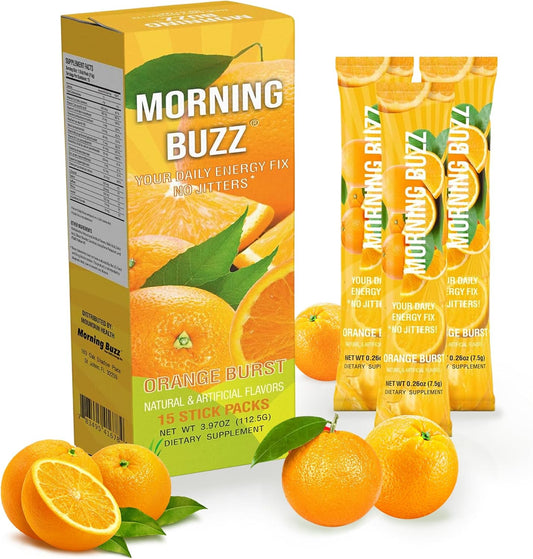 Orange Burst Morning Buzz Energy Powder Drink Mix - Sugar-Free Antioxidant Energy Boost - Sports Nutrition Endurance Product - 15 Servings, 4oz