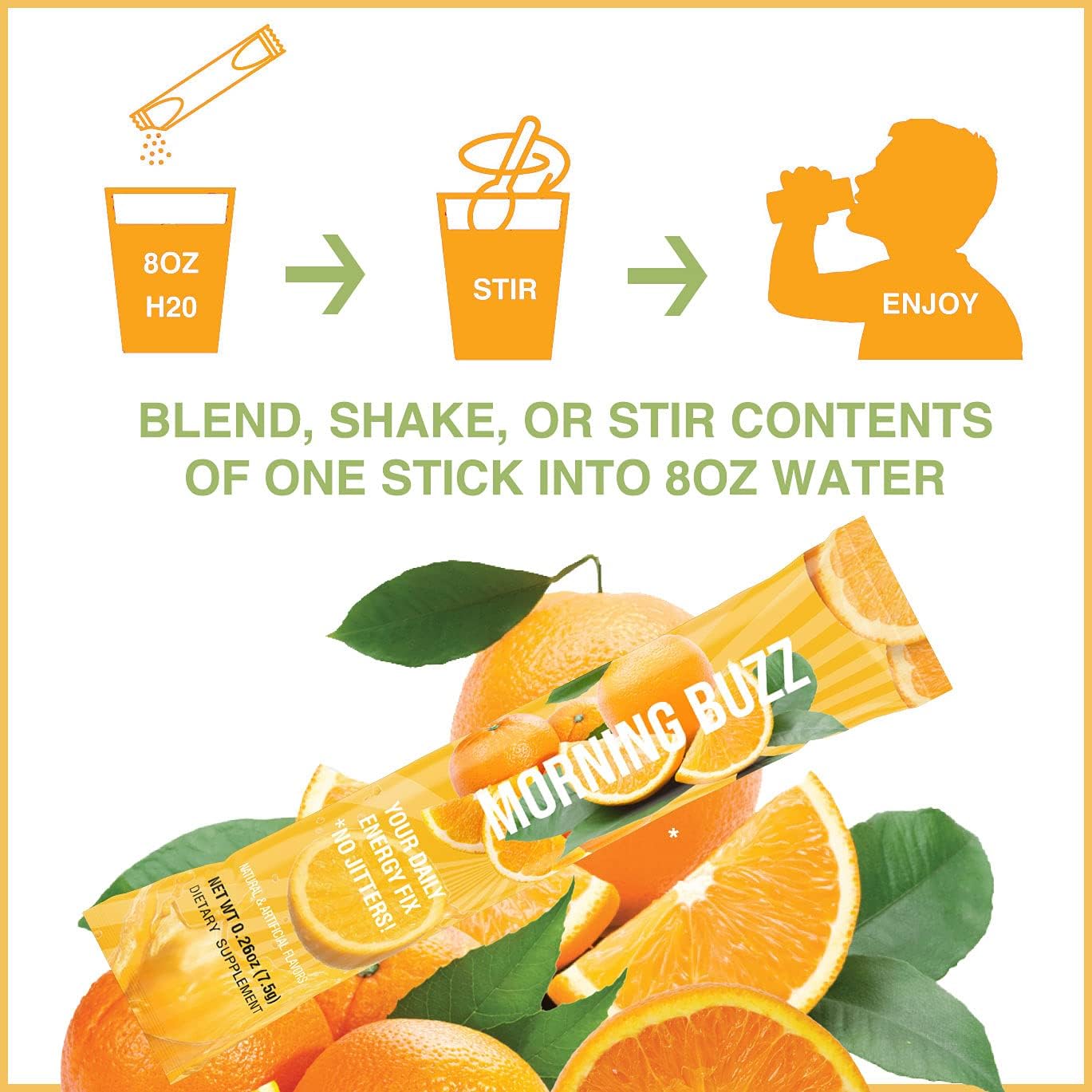 Orange Burst Morning Buzz Energy Powder Drink Mix - Sugar-Free Antioxidant Energy Boost - Sports Nutrition Endurance Product - 15 Servings, 4oz