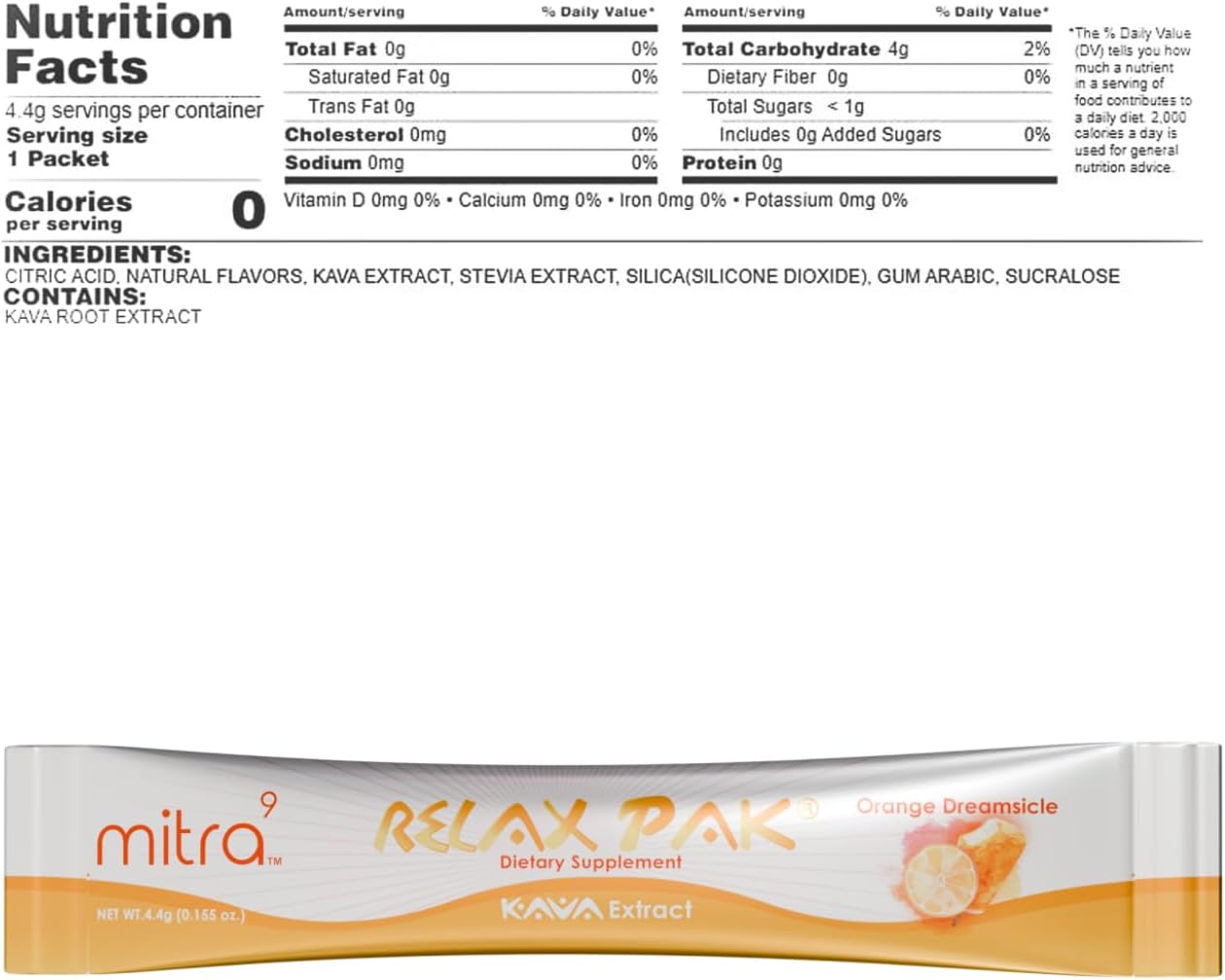 Orange Dreamsicle Kava Extract Powder Packets - Mitra9 RelaxPak for Natural Calm & Clarity with Mood Enhancing Benefits - Plant Based Single-Serving Sticks (10)