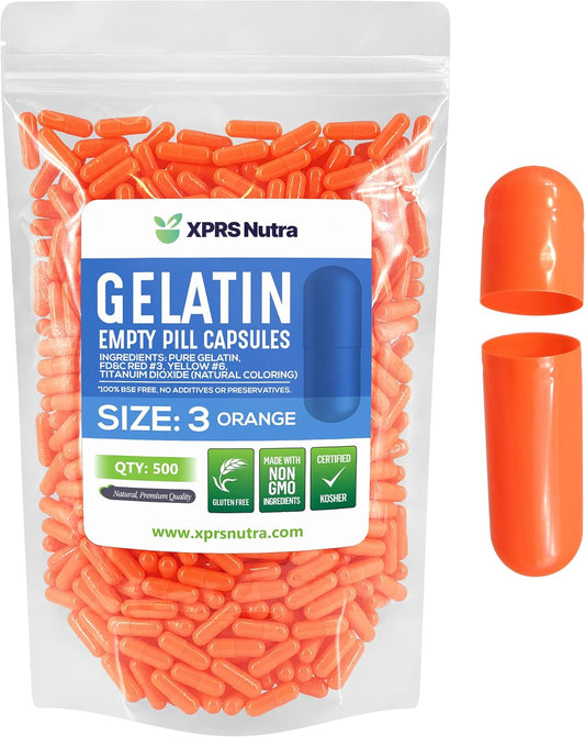 Orange Empty Gelatin Capsules - 500 Count Size 3 Empty Capsules - DIY Bovine Pill Capsules - Easy Capsule Filling Kit by XPRS Nutra