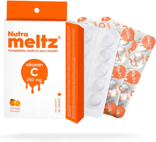 Orange Flavor Nutra Meltz Vitamin C 250mg Tablets - Boosts Immune Health & Bone Strength - 60 Quick Dissolving Tablets for Deficiency