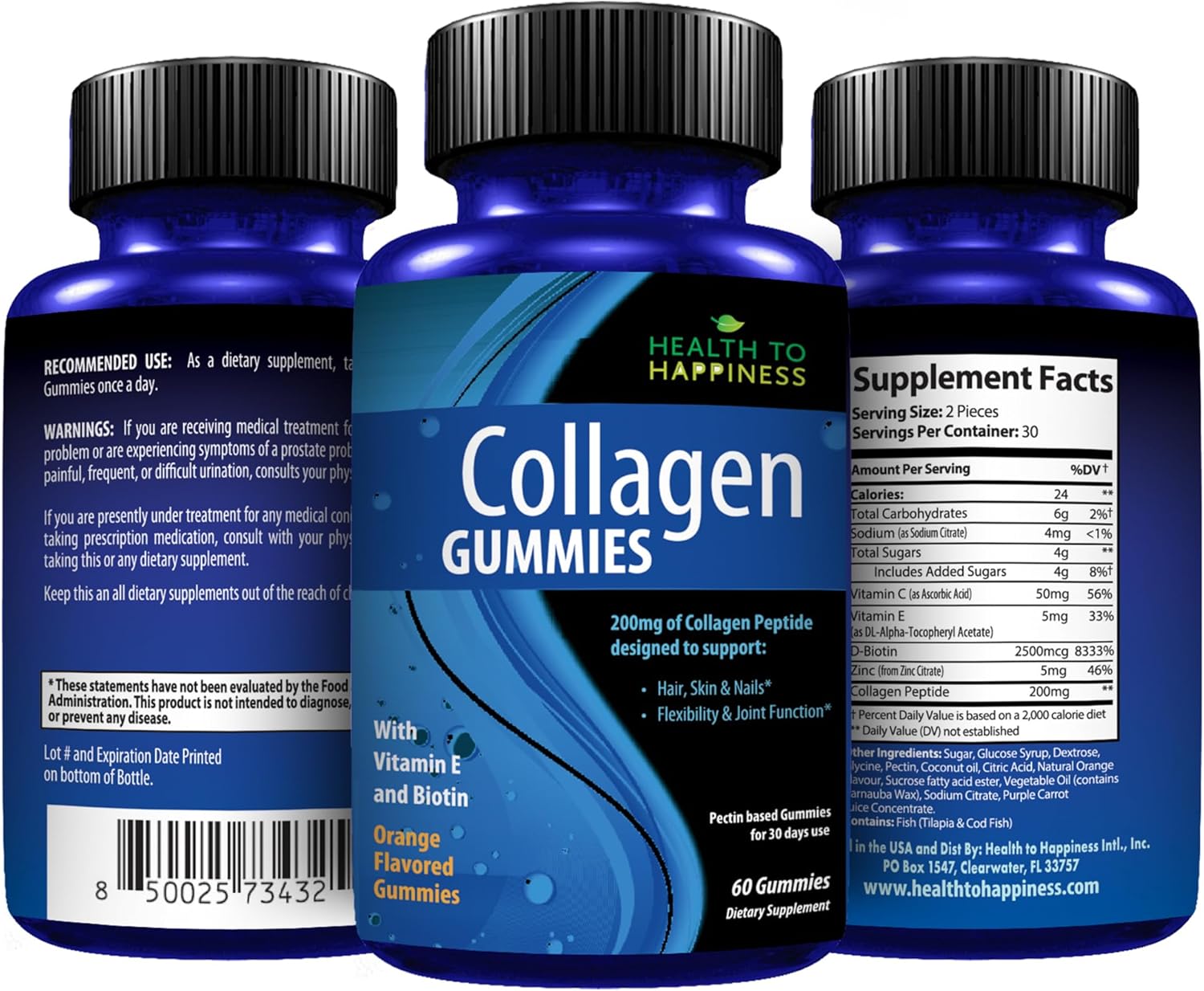 Orange Flavored Collagen Gummies for Hair, Skin, Nails, Joints - 60 Count