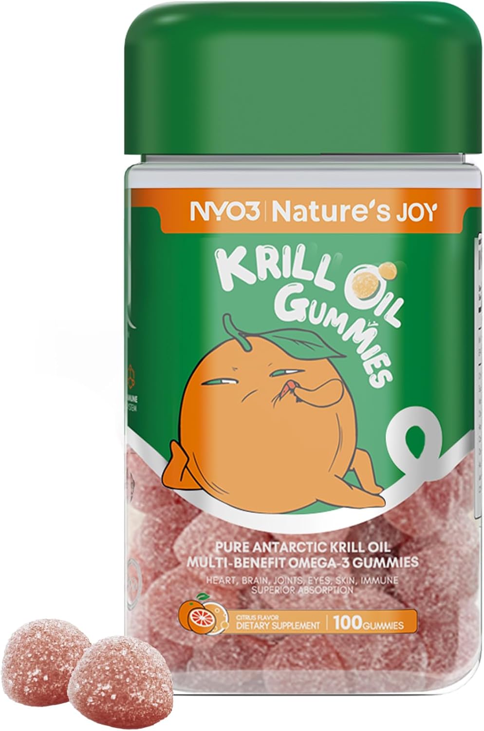 Orange Flavored Omega 3 Gummies for Kids & Adults - Joint, Heart, Brain, Immunity Support - 100 Chews, 135mg Krill Oil, EPA + DHA Omega 3 Supplement