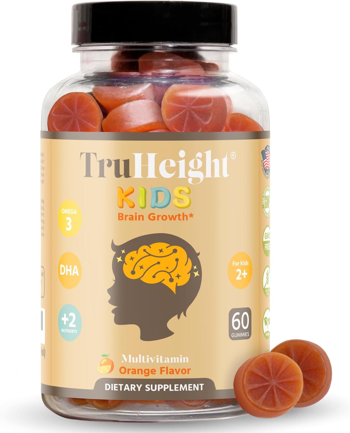 Orange Flavored TruHeight Kids Brain Growth Gummies - Multivitamin with Omega-3, DHA for Ages 2+ - All Natural Brain & Memory Supplements