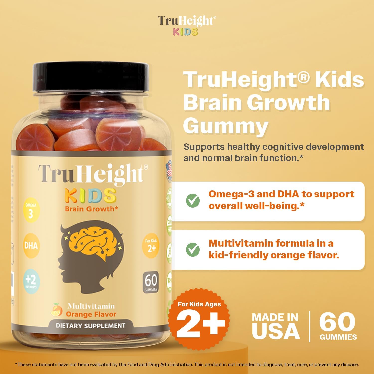Orange Flavored TruHeight Kids Brain Growth Gummies - Multivitamin with Omega-3, DHA for Ages 2+ - All Natural Brain & Memory Supplements
