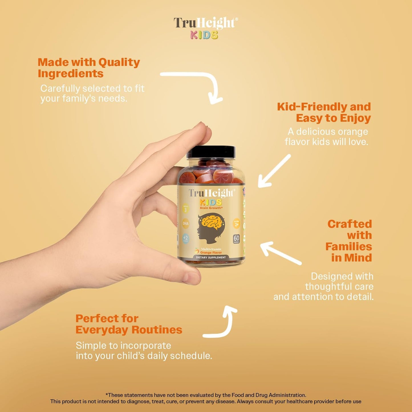 Orange Flavored TruHeight Kids Brain Growth Gummies - Multivitamin with Omega-3, DHA for Ages 2+ - All Natural Brain & Memory Supplements