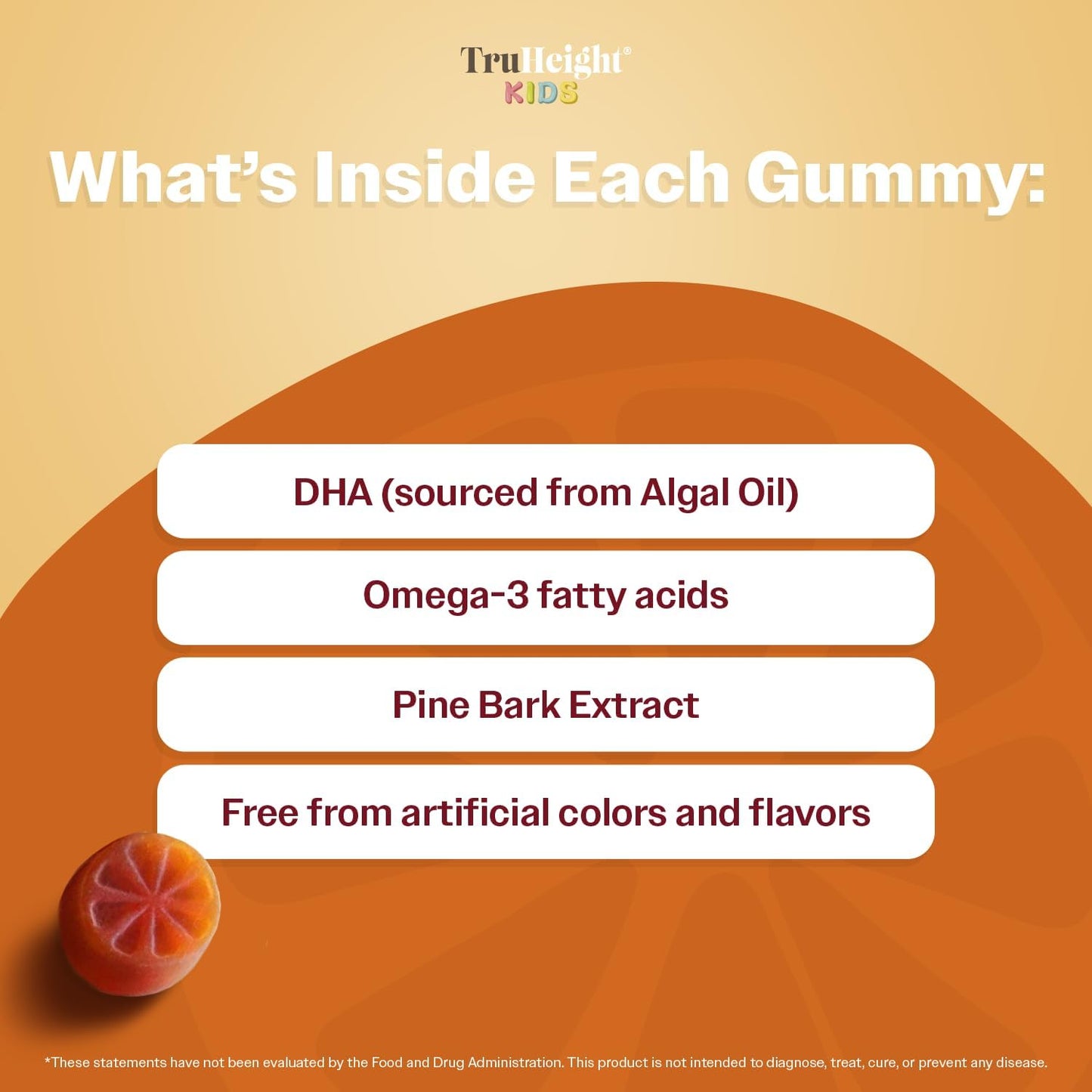 Orange Flavored TruHeight Kids Brain Growth Gummies - Multivitamin with Omega-3, DHA for Ages 2+ - All Natural Brain & Memory Supplements