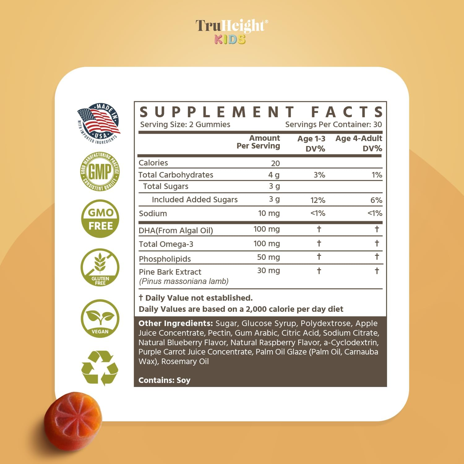 Orange Flavored TruHeight Kids Brain Growth Gummies - Multivitamin with Omega-3, DHA for Ages 2+ - All Natural Brain & Memory Supplements