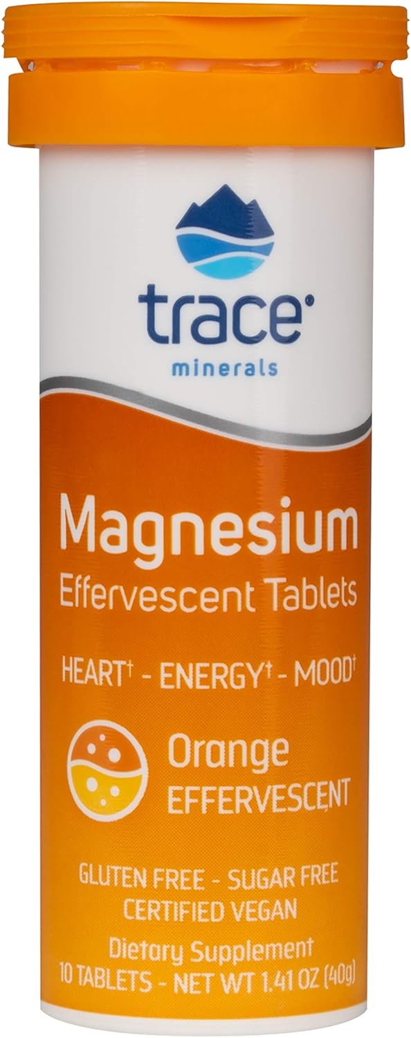 Orange Magnesium Effervescent Tablet with Trace Minerals - Promotes Heart Health, pH Balance, Energy, and Mood - Gluten Free, Sugar Free, Certified Vegan - 10 Tablets in 1 Tube