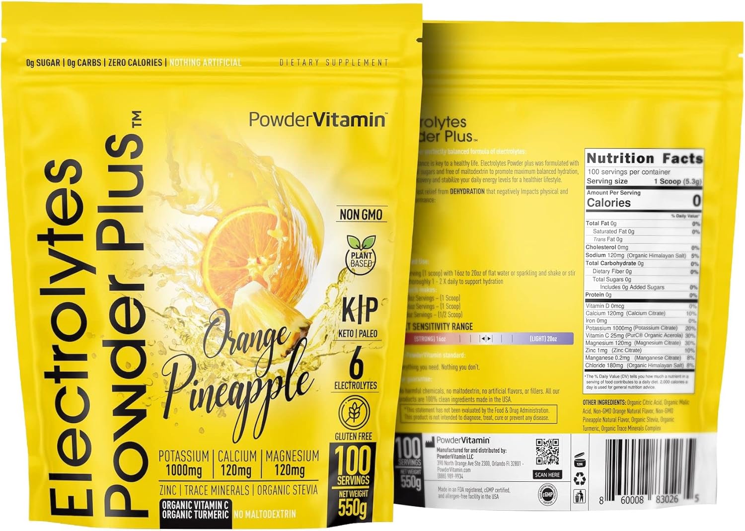 Orange Pineapple Electrolyte Powder - 100 Servings - Zero Calorie Keto Hydration Powder with 1000mg Potassium, 120mg Calcium, 120mg Magnesium - No Sugar or Maltodextrin