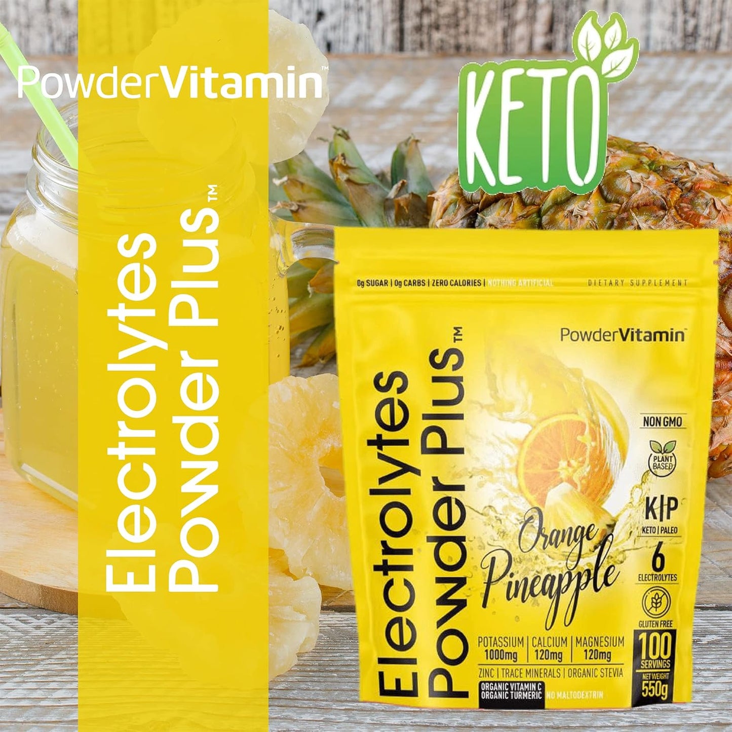 Orange Pineapple Electrolyte Powder - 100 Servings - Zero Calorie Keto Hydration Powder with 1000mg Potassium, 120mg Calcium, 120mg Magnesium - No Sugar or Maltodextrin