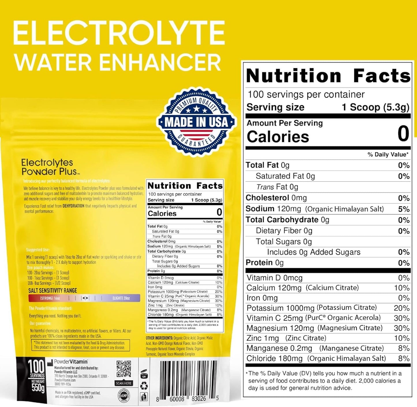 Orange Pineapple Electrolyte Powder - 100 Servings - Zero Calorie Keto Hydration Powder with 1000mg Potassium, 120mg Calcium, 120mg Magnesium - No Sugar or Maltodextrin