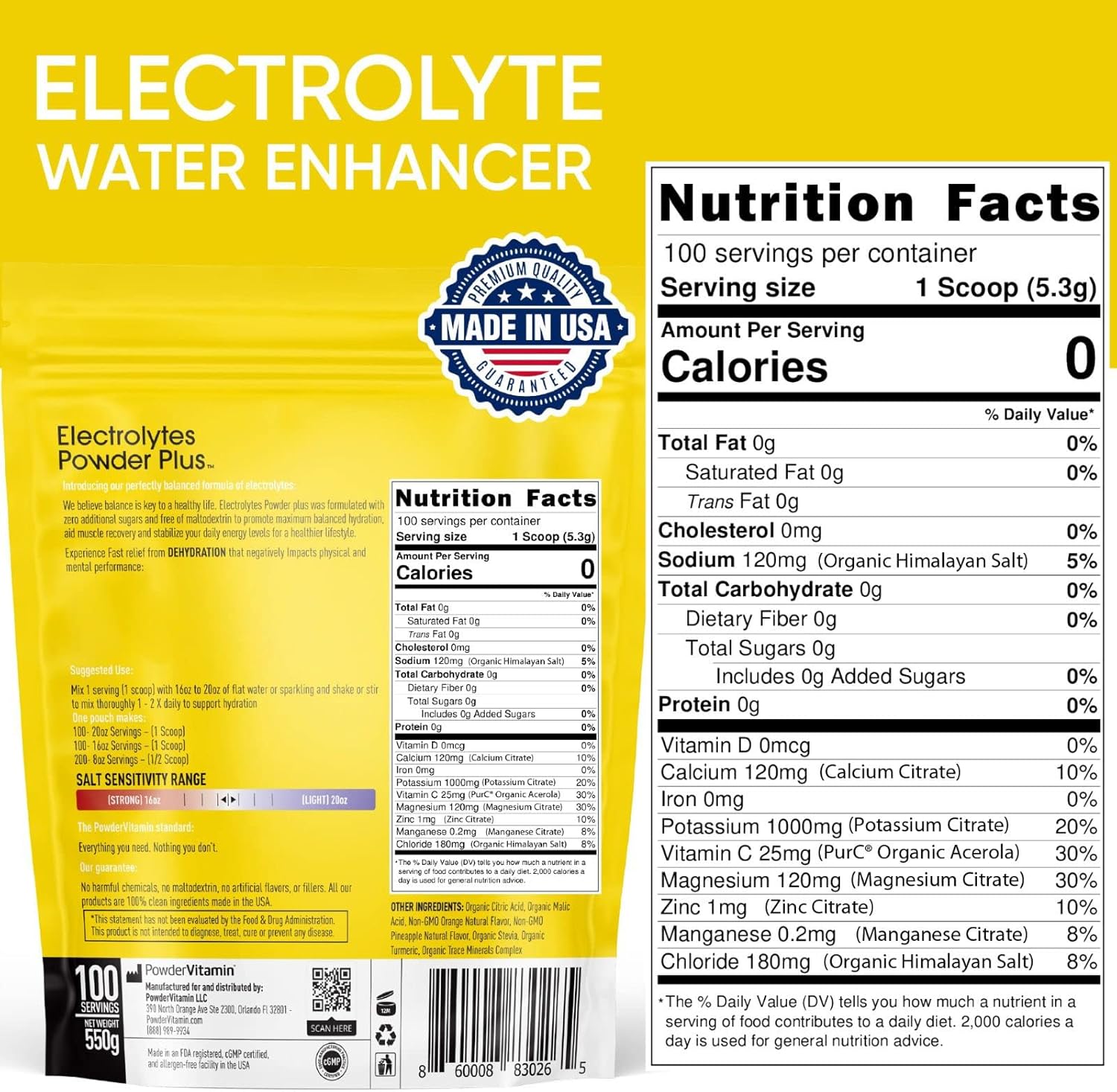 Orange Pineapple Electrolyte Powder - 100 Servings - Zero Calorie Keto Hydration Powder with 1000mg Potassium, 120mg Calcium, 120mg Magnesium - No Sugar or Maltodextrin