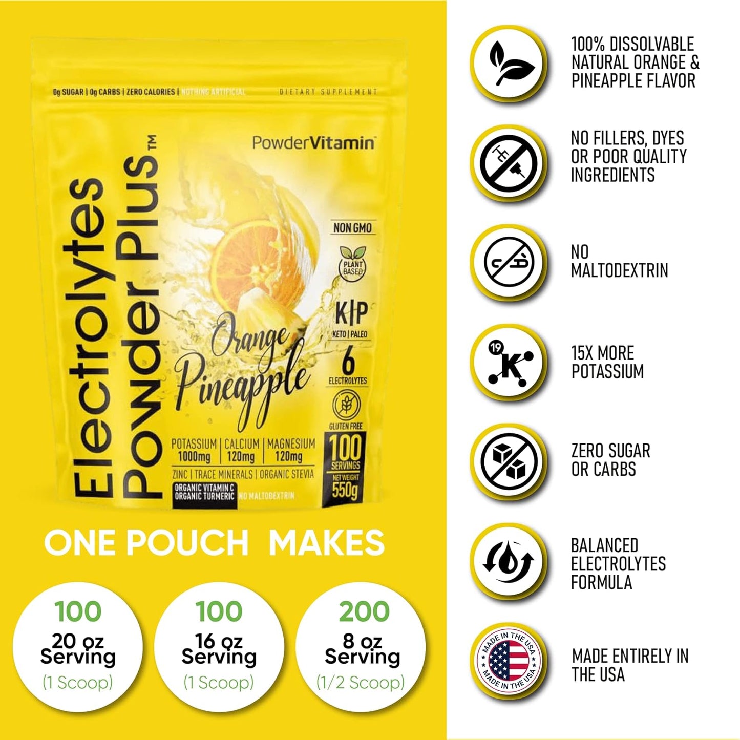 Orange Pineapple Electrolyte Powder - 100 Servings - Zero Calorie Keto Hydration Powder with 1000mg Potassium, 120mg Calcium, 120mg Magnesium - No Sugar or Maltodextrin