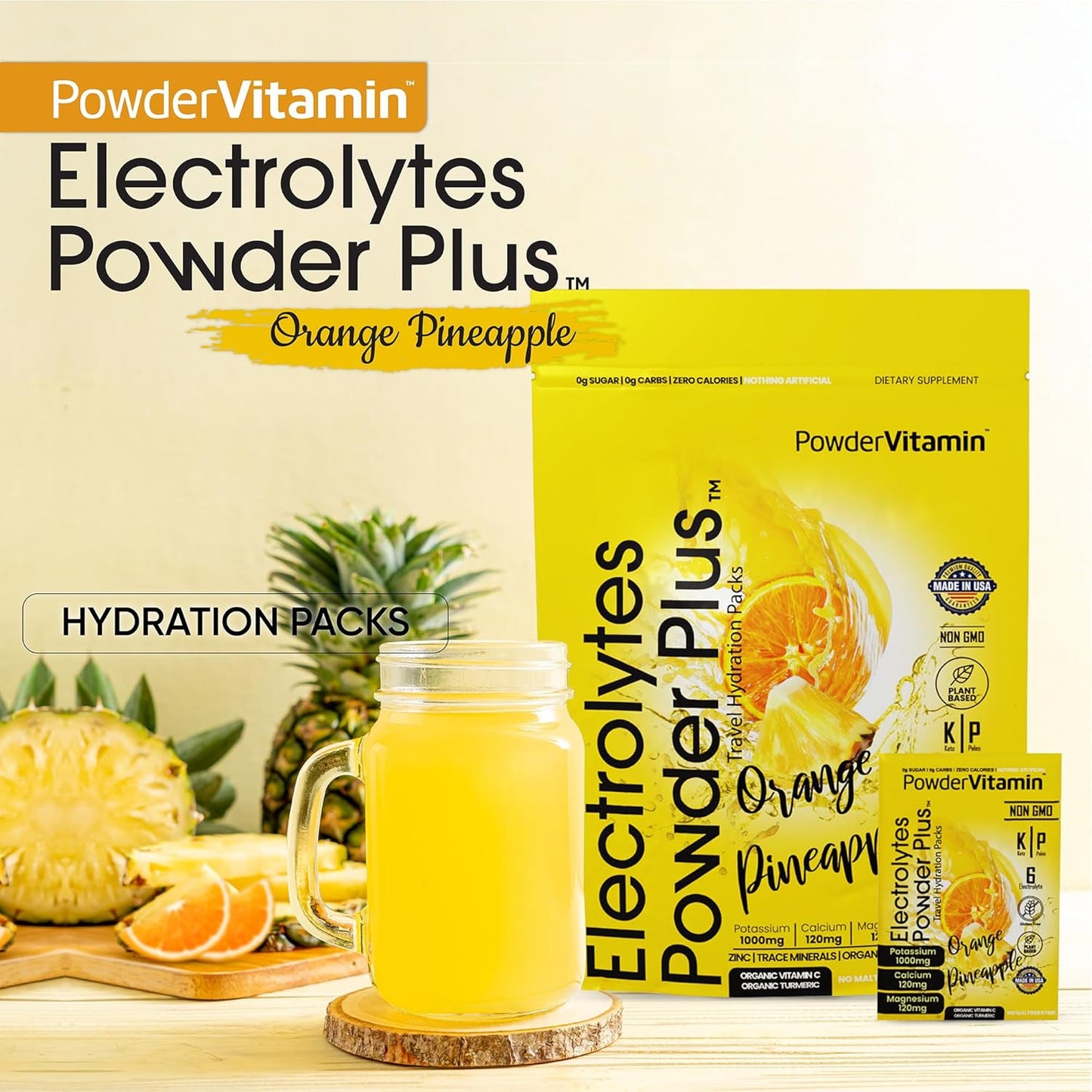 Orange Pineapple Keto Electrolyte Powder - 1000mg Potassium, 120mg Calcium, 120mg Magnesium, Sugar-Free, Non GMO, Zero Calories - 30 Packets