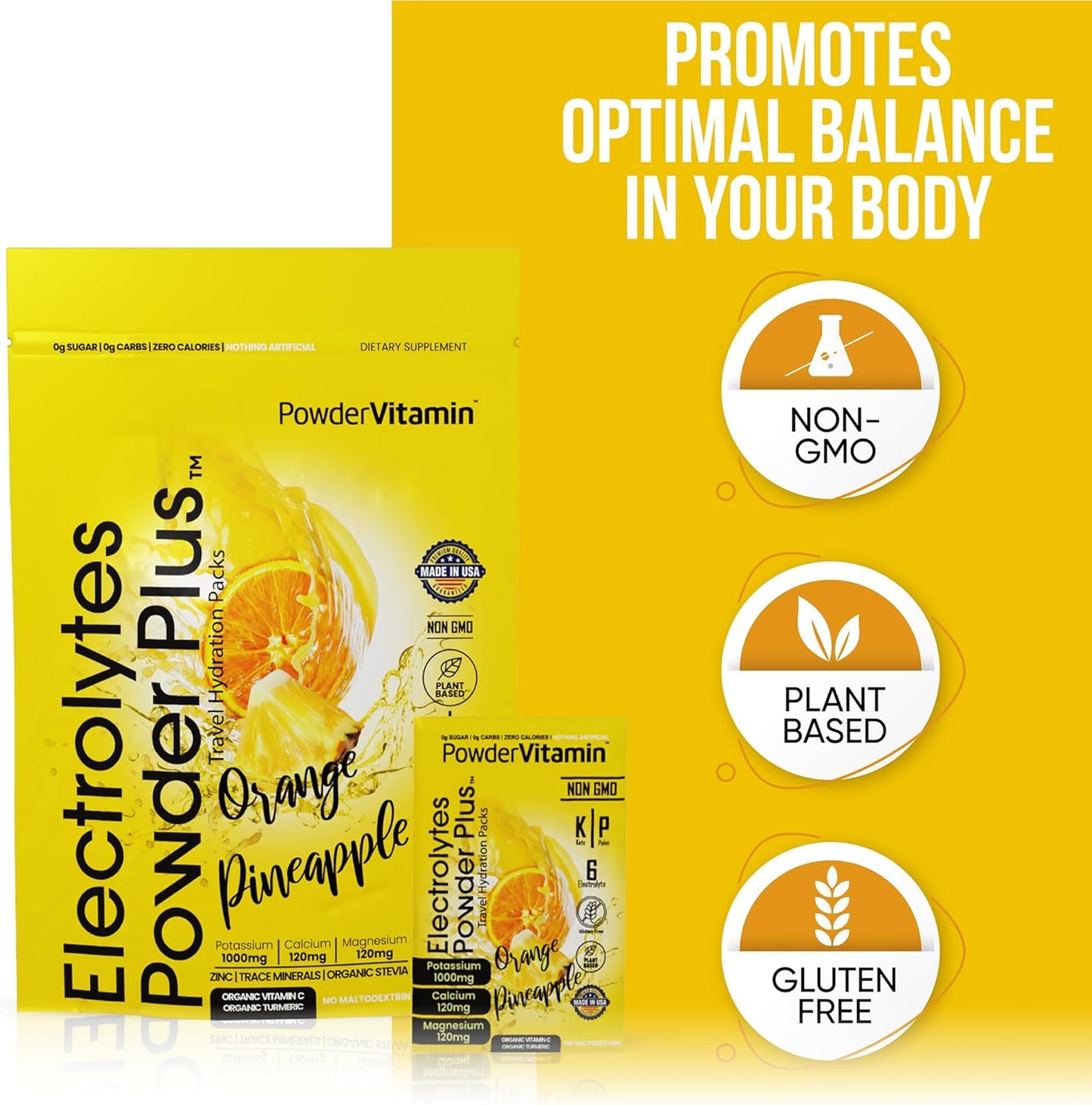 Orange Pineapple Keto Electrolyte Powder - 1000mg Potassium, 120mg Calcium, 120mg Magnesium, Sugar-Free, Non GMO, Zero Calories - 30 Packets