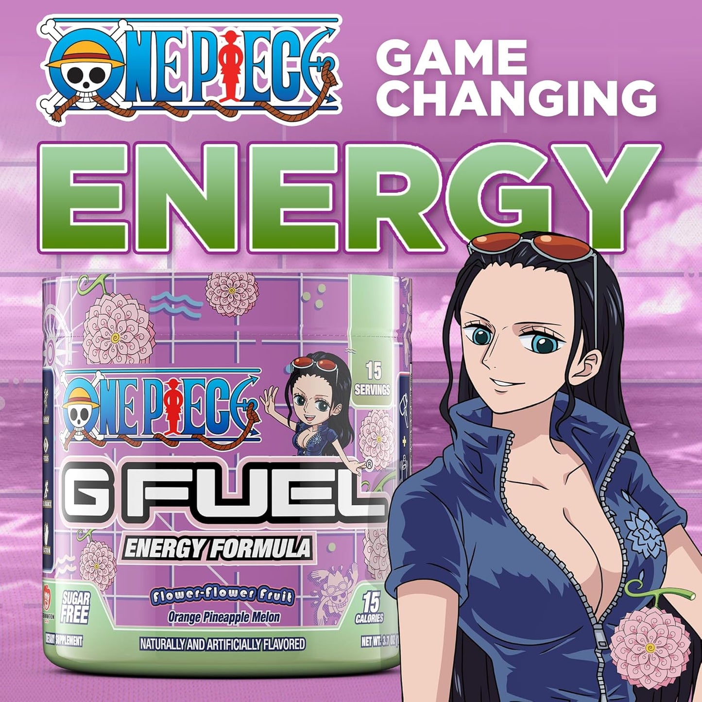 Orange Pineapple Melon G Fuel ONE Piece Flower-Flower Energy Drink Powder - Pre Workout Caffeine Mix for Gaming, Sugar Free Focus Amino + Antioxidants - 3.7oz - 15 Servings