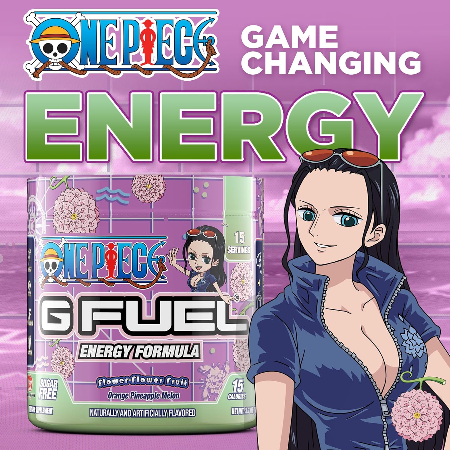 Orange Pineapple Melon G Fuel ONE Piece Flower-Flower Energy Drink Powder - Pre Workout Caffeine Mix for Gaming, Sugar Free Focus Amino + Antioxidants - 3.7oz - 15 Servings