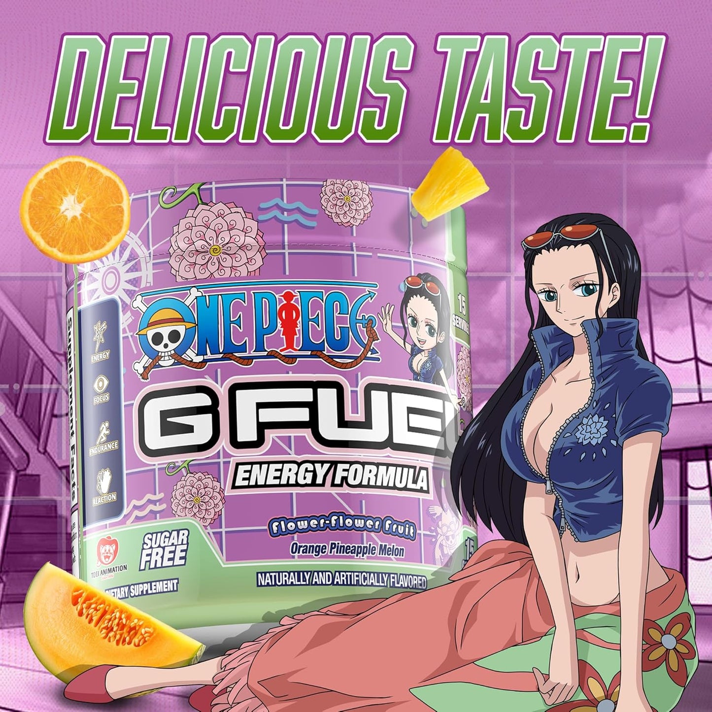 Orange Pineapple Melon G Fuel ONE Piece Flower-Flower Energy Drink Powder - Pre Workout Caffeine Mix for Gaming, Sugar Free Focus Amino + Antioxidants - 3.7oz - 15 Servings