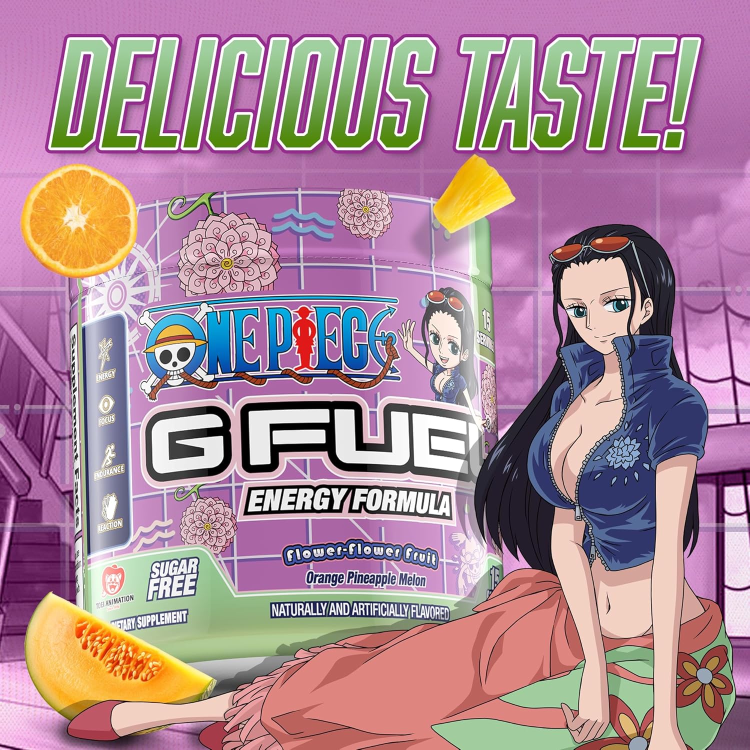 Orange Pineapple Melon G Fuel ONE Piece Flower-Flower Energy Drink Powder - Pre Workout Caffeine Mix for Gaming, Sugar Free Focus Amino + Antioxidants - 3.7oz - 15 Servings