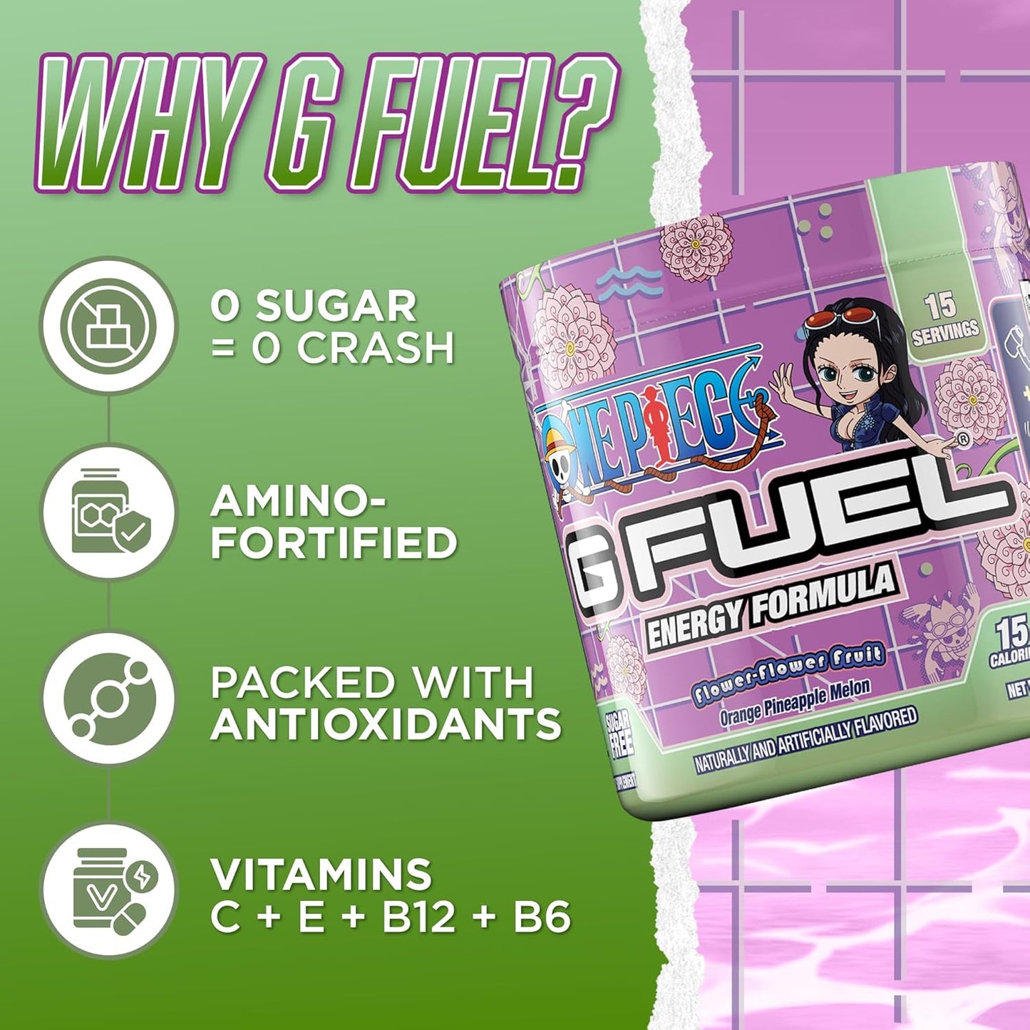 Orange Pineapple Melon G Fuel ONE Piece Flower-Flower Energy Drink Powder - Pre Workout Caffeine Mix for Gaming, Sugar Free Focus Amino + Antioxidants - 3.7oz - 15 Servings