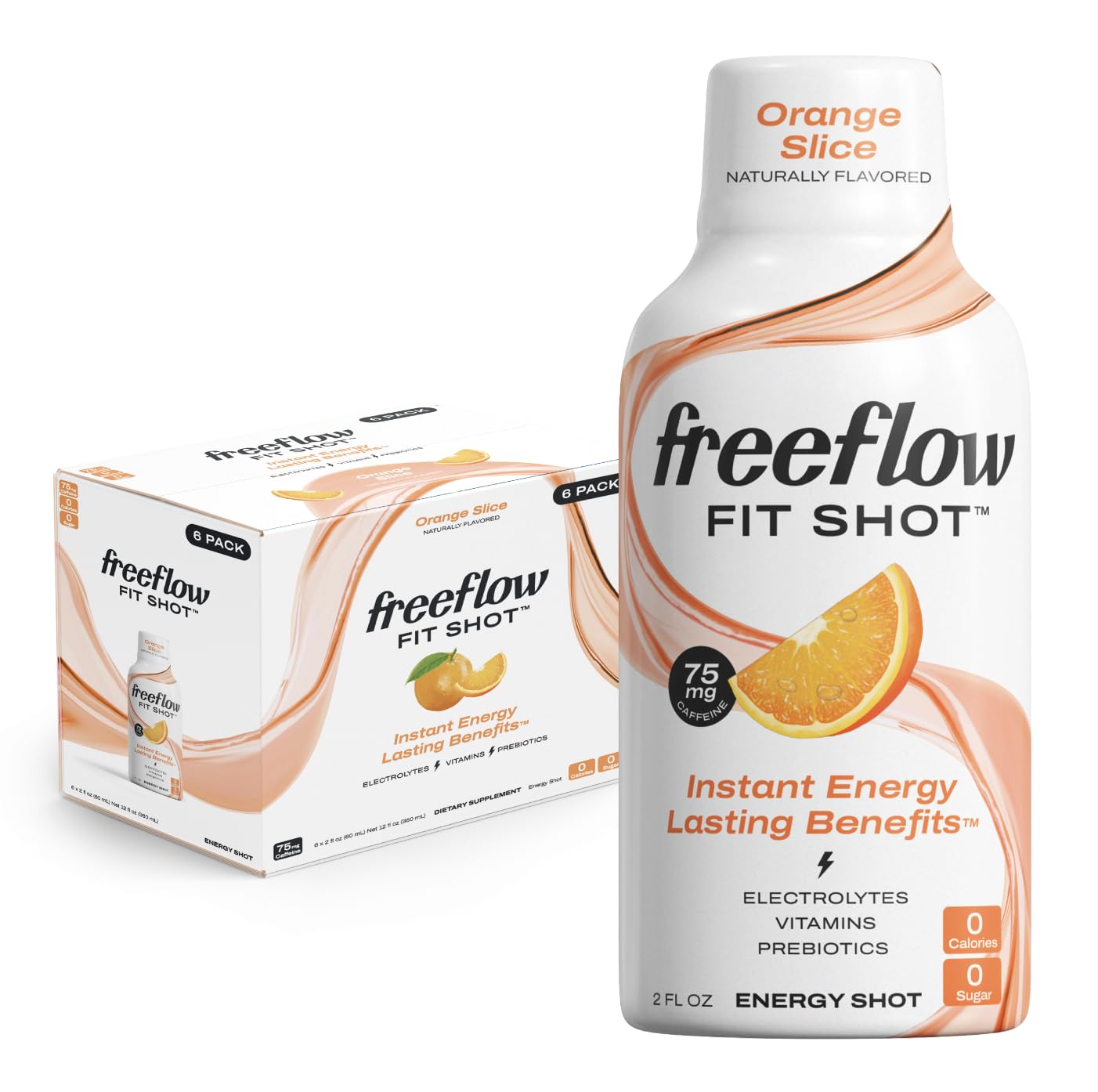 Orange Slice Freeflow Fit Energy Shots: Natural Caffeine Boost with L-theanine, Ginseng, Vitamins, Prebiotics, Electrolytes - 6 Count, 2oz Shots - BoostGo Australia