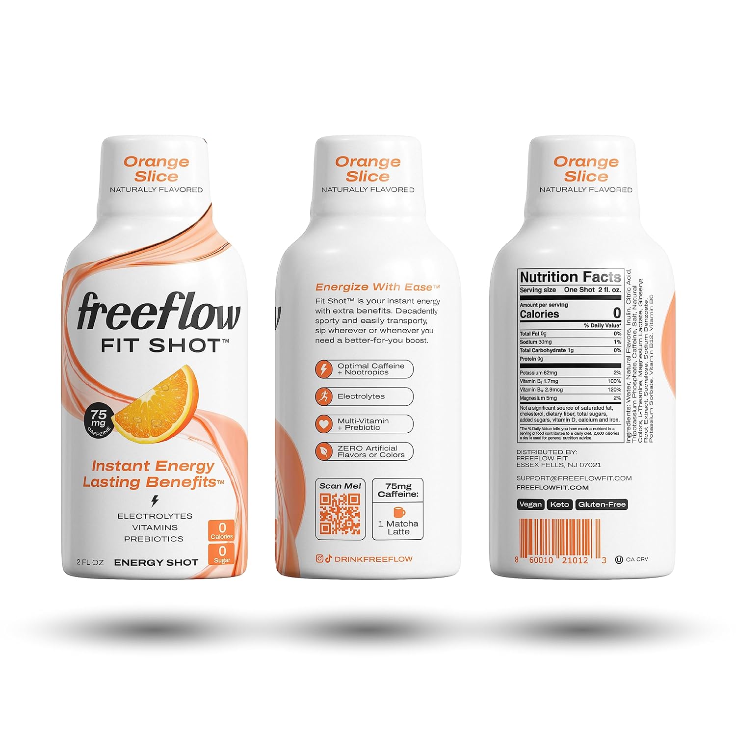 Orange Slice Freeflow Fit Energy Shots: Natural Caffeine Boost with L-theanine, Ginseng, Vitamins, Prebiotics, Electrolytes - 6 Count, 2oz Shots - BoostGo Australia