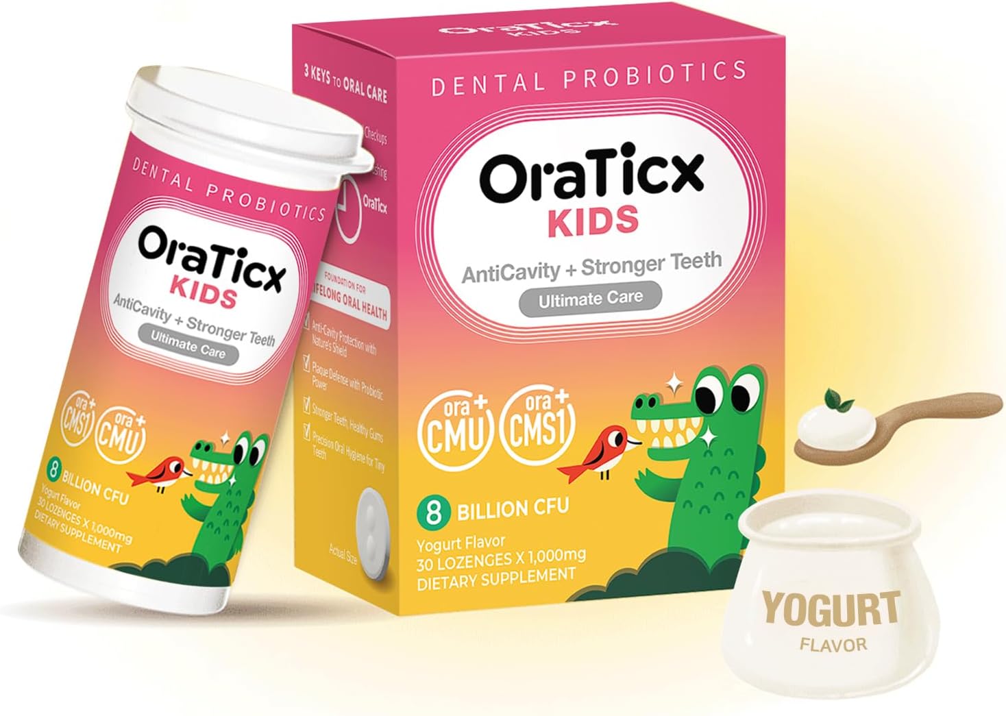 OraTicx Kids Dental Probiotics: 8 Billion CFU for Healthy Teeth & Gums, Yogurt Flavor, Sugar-Free, 2-Pack
