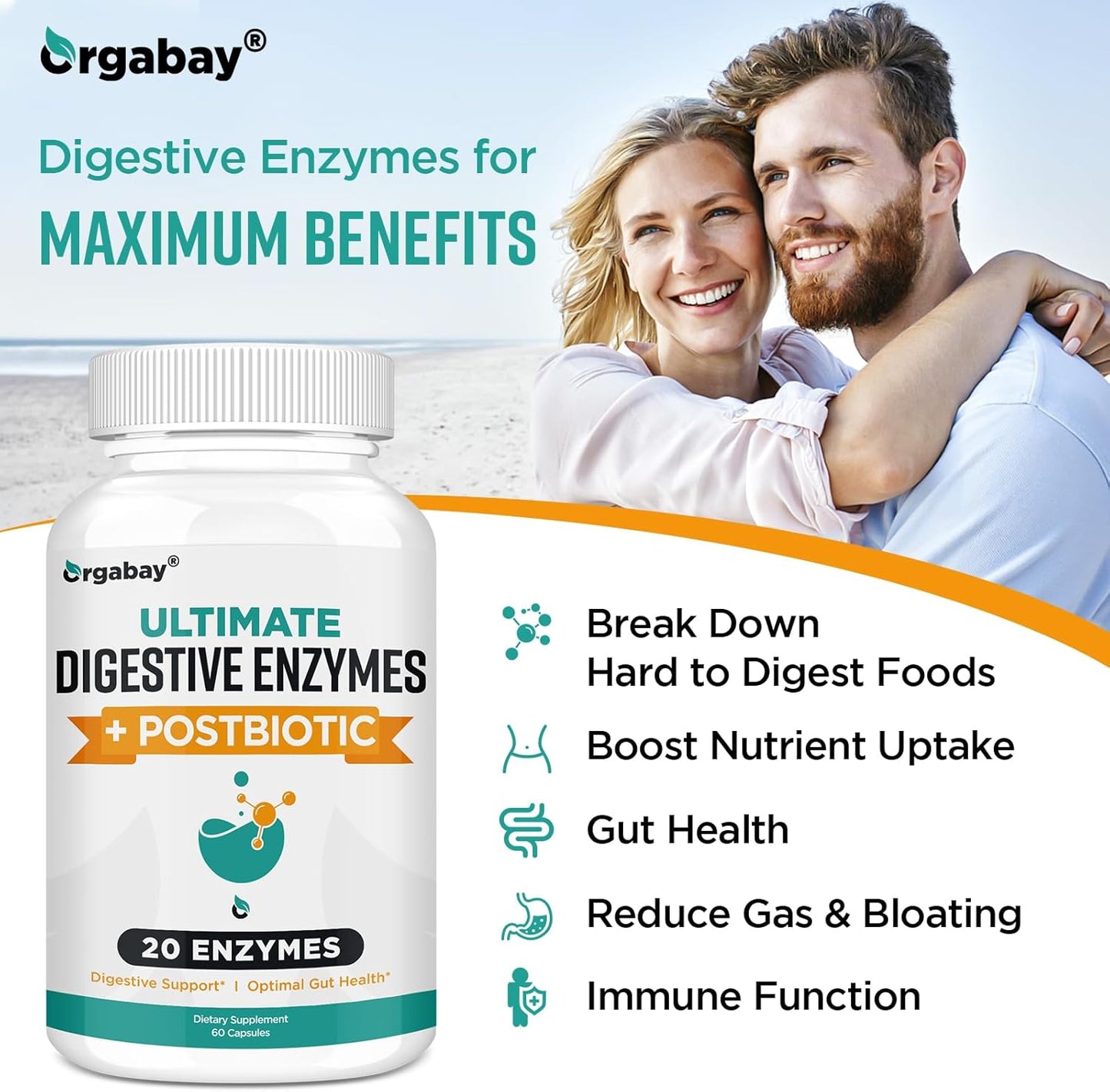 Orgabay Digestive Enzymes 1000mg: 20 Enzyme Blend with Postbiotics for Bloating Relief, Gut Health, 240 Capsules
