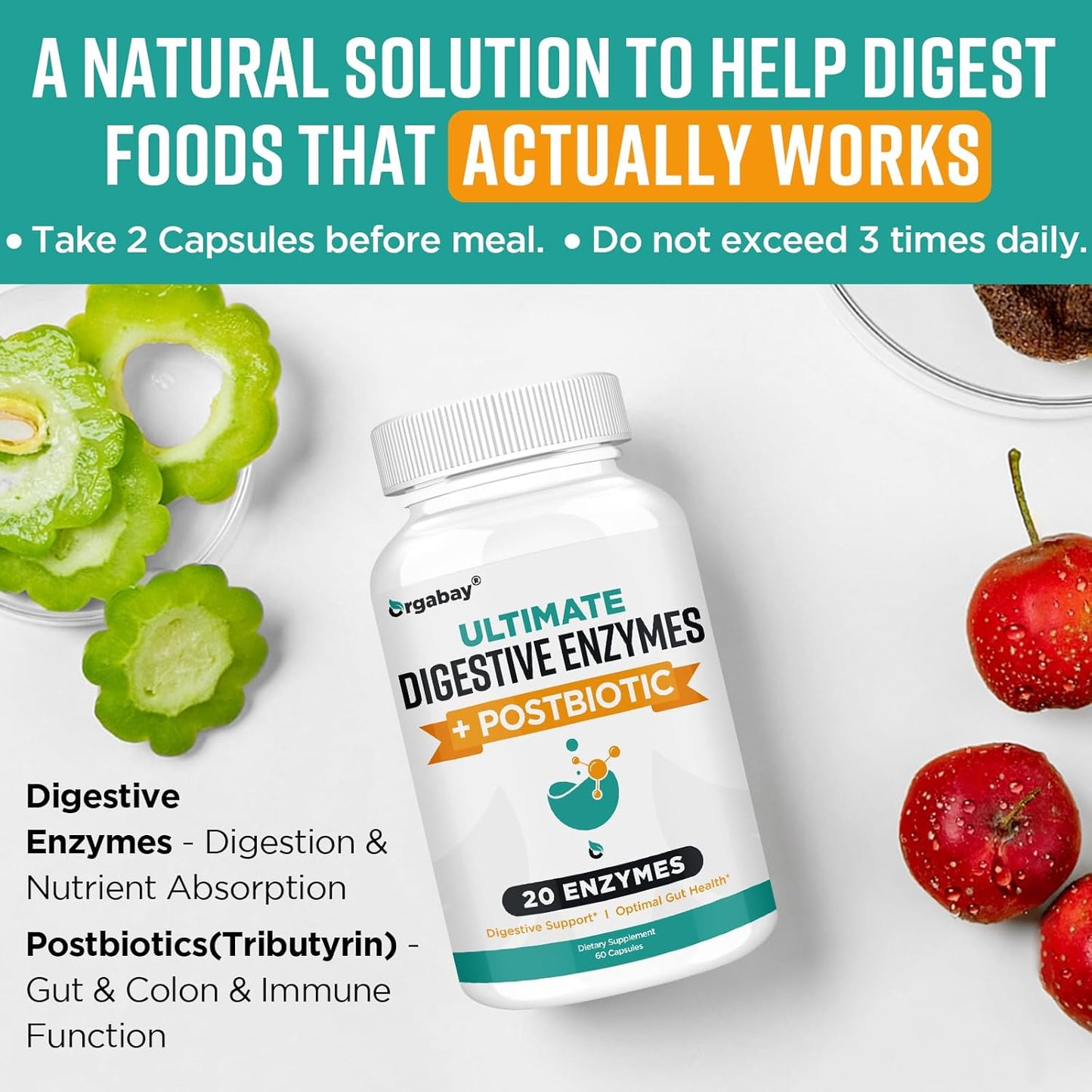 Orgabay Digestive Enzymes 1000mg: 20 Enzyme Blend with Postbiotics for Bloating Relief, Gut Health, 240 Capsules