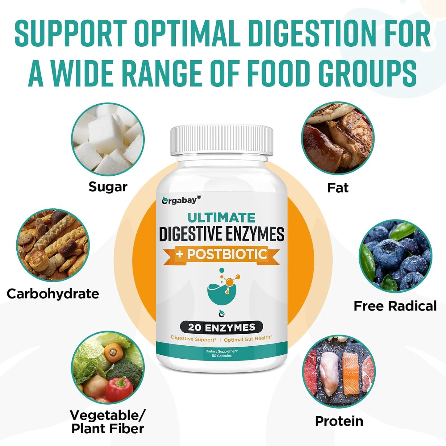 Orgabay Digestive Enzymes 1000mg: 20 Enzyme Blend with Postbiotics for Bloating Relief, Gut Health, 240 Capsules
