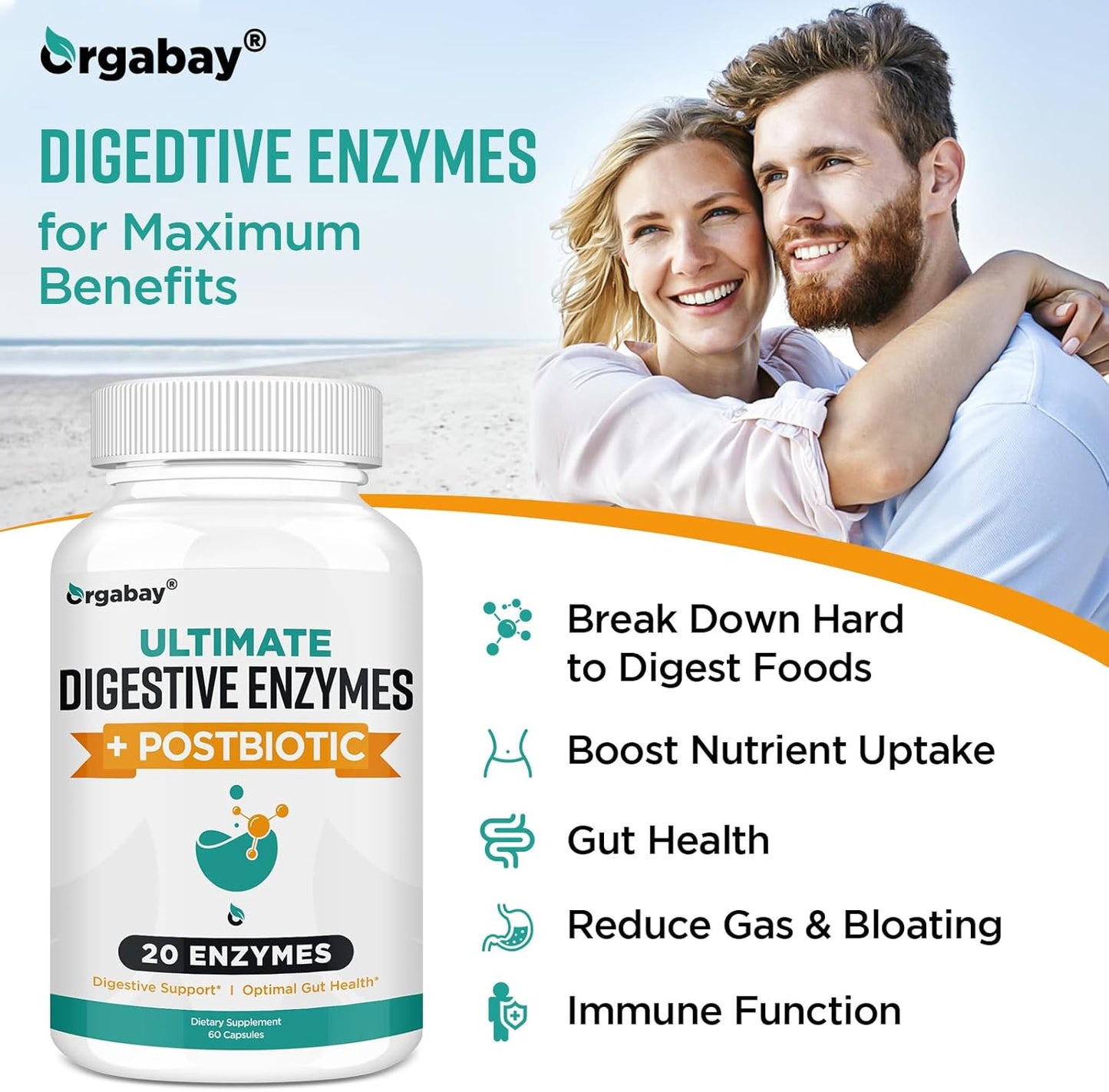Orgabay Digestive Enzymes 1000mg with Postbiotics, 20 Enzyme Blend for Bloating Relief, Gut Health, 120 Veg Caps
