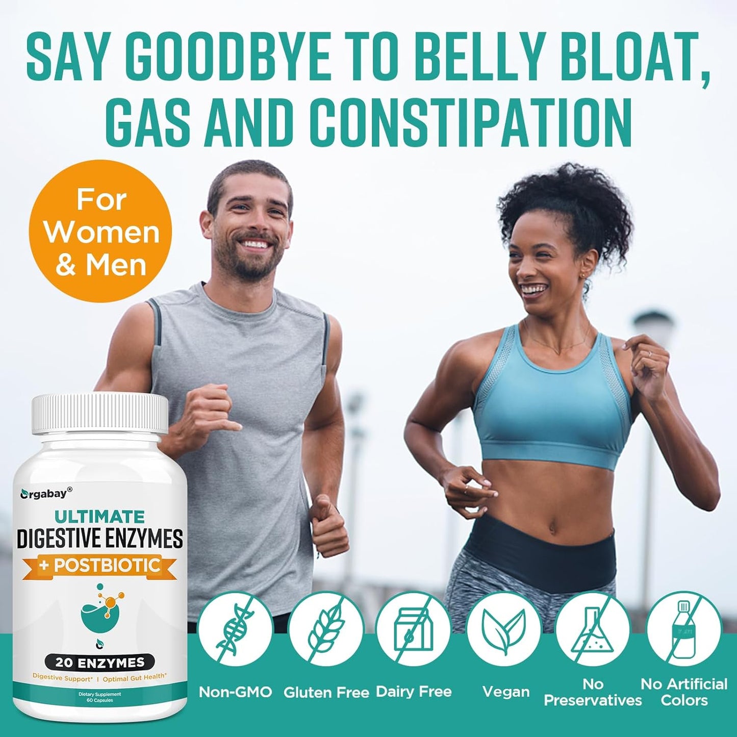 Orgabay Digestive Enzymes 1000mg with Postbiotics, 20 Enzyme Blend for Bloating Relief, Gut Health, 120 Veg Caps