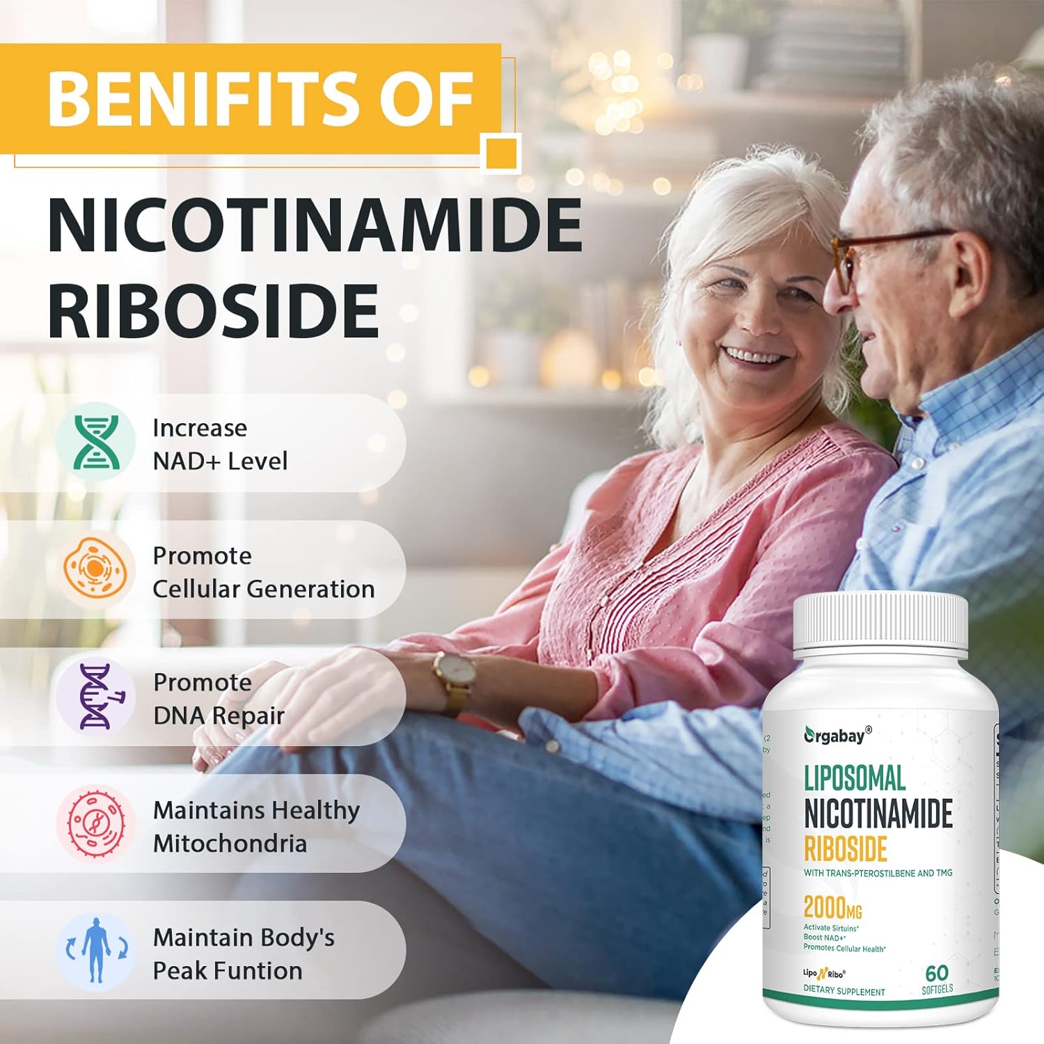 Orgabay Liposomal Nicotinamide Riboside 2000MG with TMG and Pterostilbene, NAD+ Booster for Healthy Aging, 60 Capsules