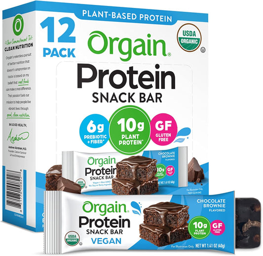 Orgain Chocolate Brownie Vegan Protein Bars - 10g Plant-Based Protein, Low Calorie Snacks, No Lactose or Soy, Gluten-Free, Non-GMO - 1.41 Oz (Pack of 12)