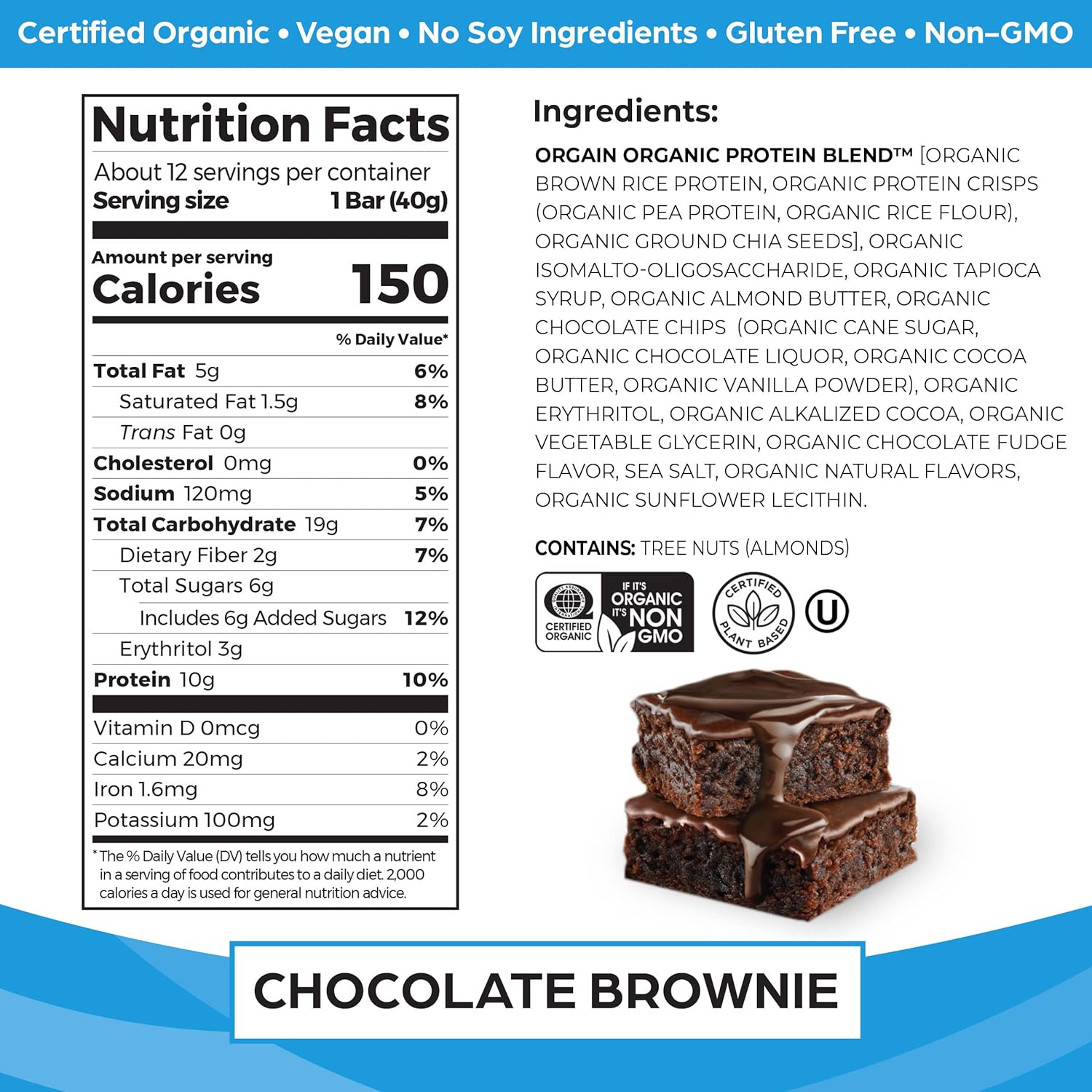 Orgain Chocolate Brownie Vegan Protein Bars - 10g Plant-Based Protein, Low Calorie Snacks, No Lactose or Soy, Gluten-Free, Non-GMO - 1.41 Oz (Pack of 12)