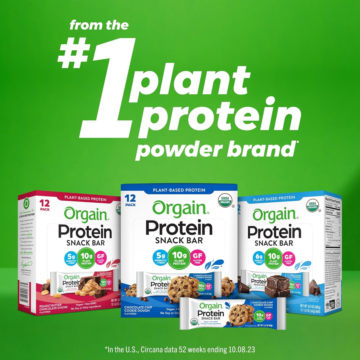 Orgain Chocolate Brownie Vegan Protein Bars - 10g Plant-Based Protein, Low Calorie Snacks, No Lactose or Soy, Gluten-Free, Non-GMO - 1.41 Oz (Pack of 12)